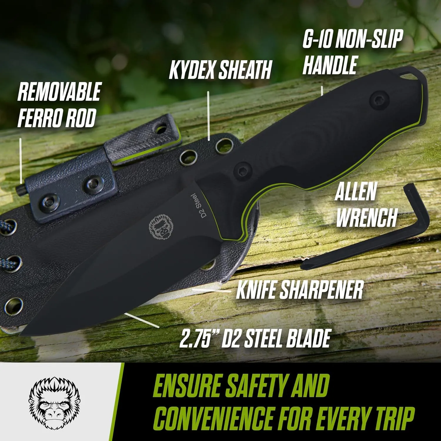 Holtzman's Gorilla Survival Baby Silverback Fixed Blade Hunting Knife with Kydex Sheath & Ferro Rod (Black Green) - Ideal for Camping and Outdoor Adventures