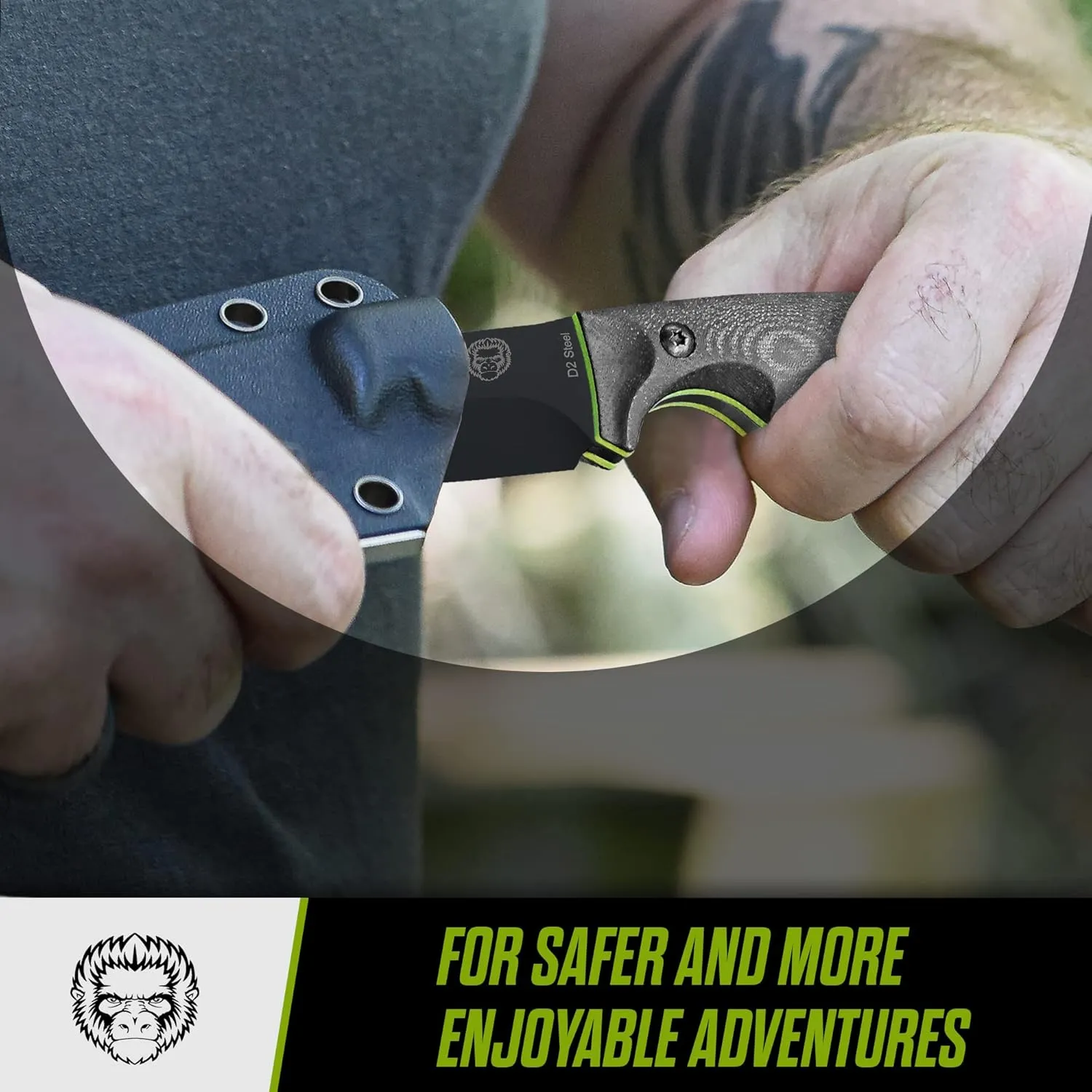 Holtzman's Gorilla Survival Baby Silverback Fixed Blade Hunting Knife with Kydex Sheath & Ferro Rod (Black Green) - Ideal for Camping and Outdoor Adventures