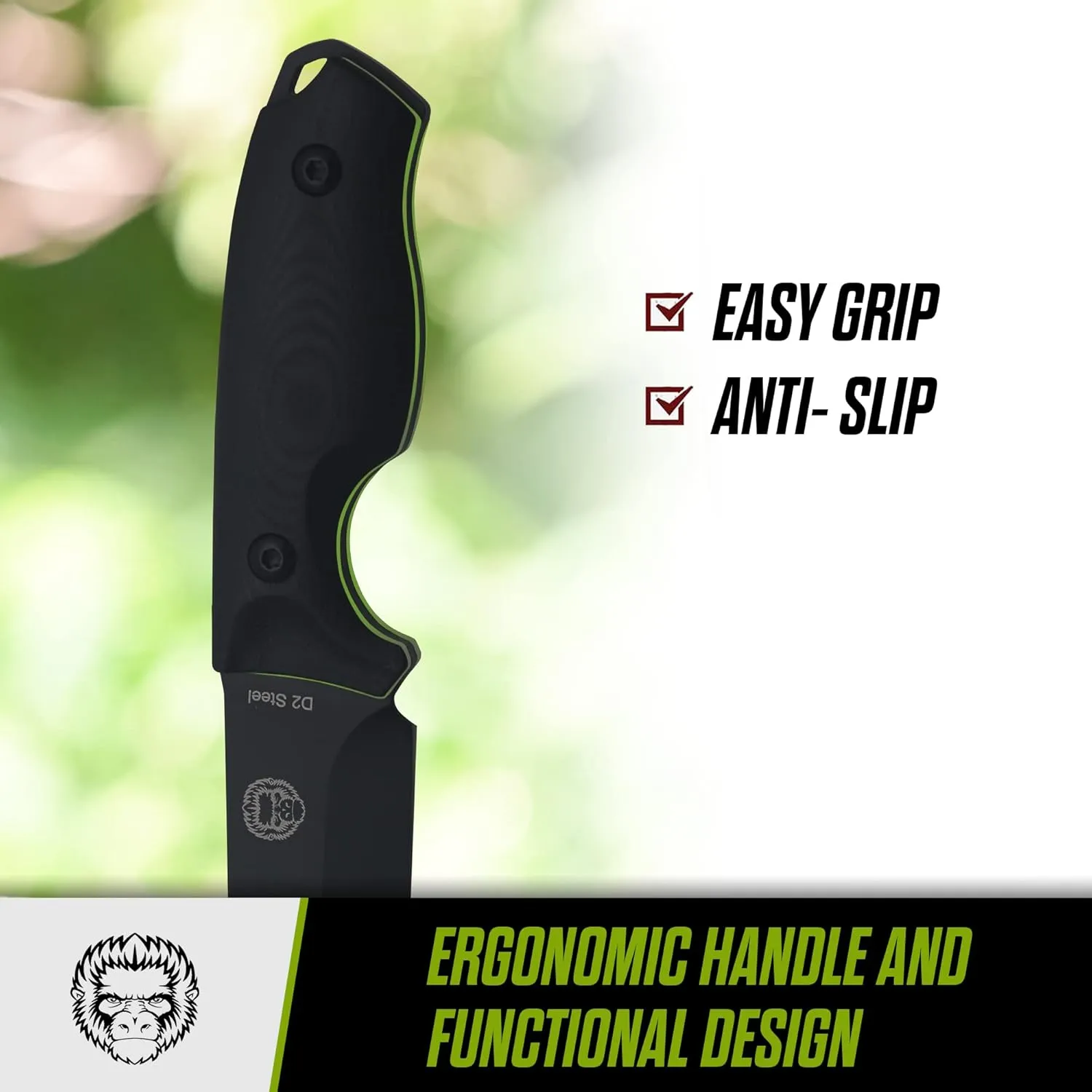 Holtzman's Gorilla Survival Baby Silverback Fixed Blade Hunting Knife with Kydex Sheath & Ferro Rod (Black Green) - Ideal for Camping and Outdoor Adventures