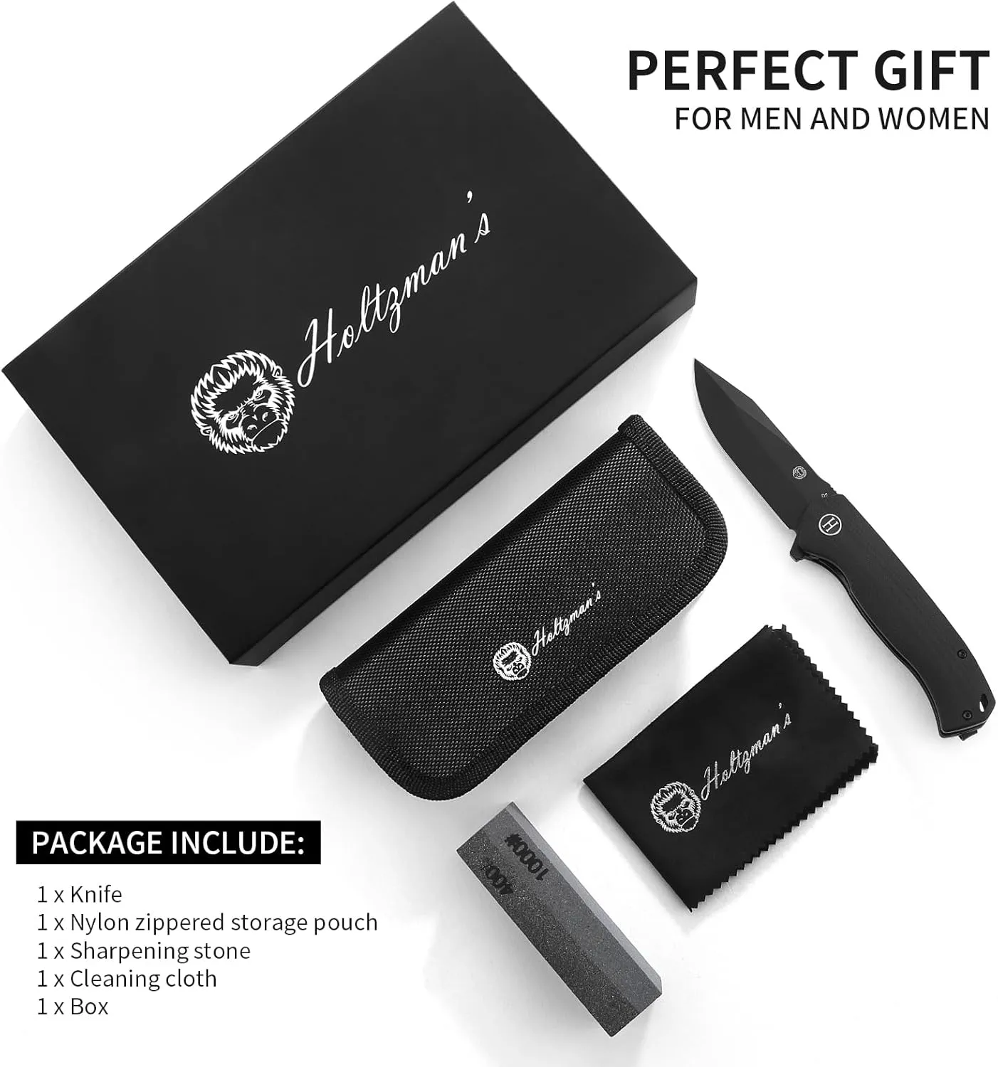 Holtzman's Gorilla Survival Folding Pocket Knife with D2 Steel Blade and Black G10 Handle - EDC Gift Set for Men and Women - Perfect for Everyday Carry