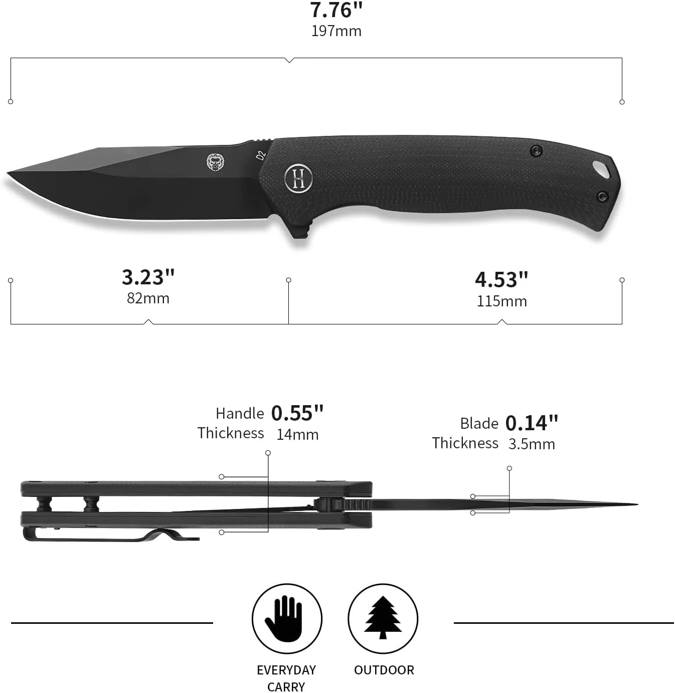 Holtzman's Gorilla Survival Folding Pocket Knife with D2 Steel Blade and Black G10 Handle - EDC Gift Set for Men and Women - Perfect for Everyday Carry