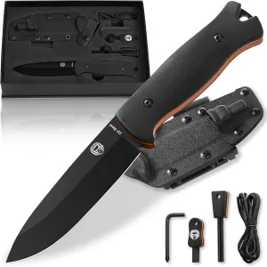 Holtzman's Gorilla Survival Hornet Fixed Blade Hunting Knife with Sheath, Fire Starter, Scraper & Paracord (Black) - Ideal for Outdoor Survival