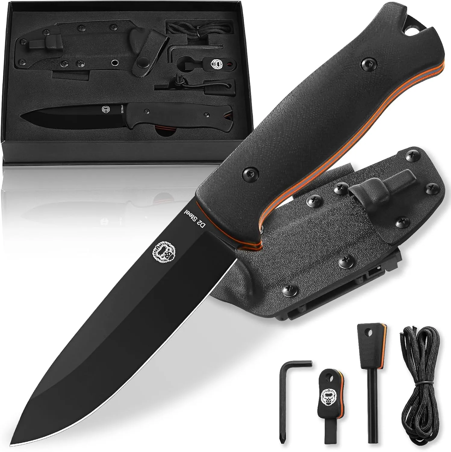 Holtzman's Gorilla Survival Hornet Fixed Blade Hunting Knife with Sheath, Fire Starter, Scraper & Paracord (Black) - Ideal for Outdoor Survival