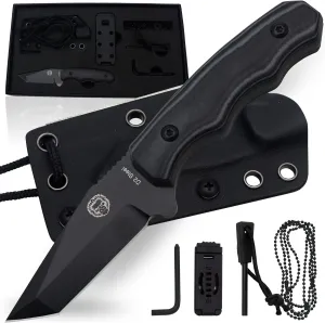 Holtzman's Gorilla Survival Wakizashi Fixed Blade Neck Knife with Kydex Sheath & Ferro Rod (Grey Black) - Ideal for Bushcraft and Survival Use