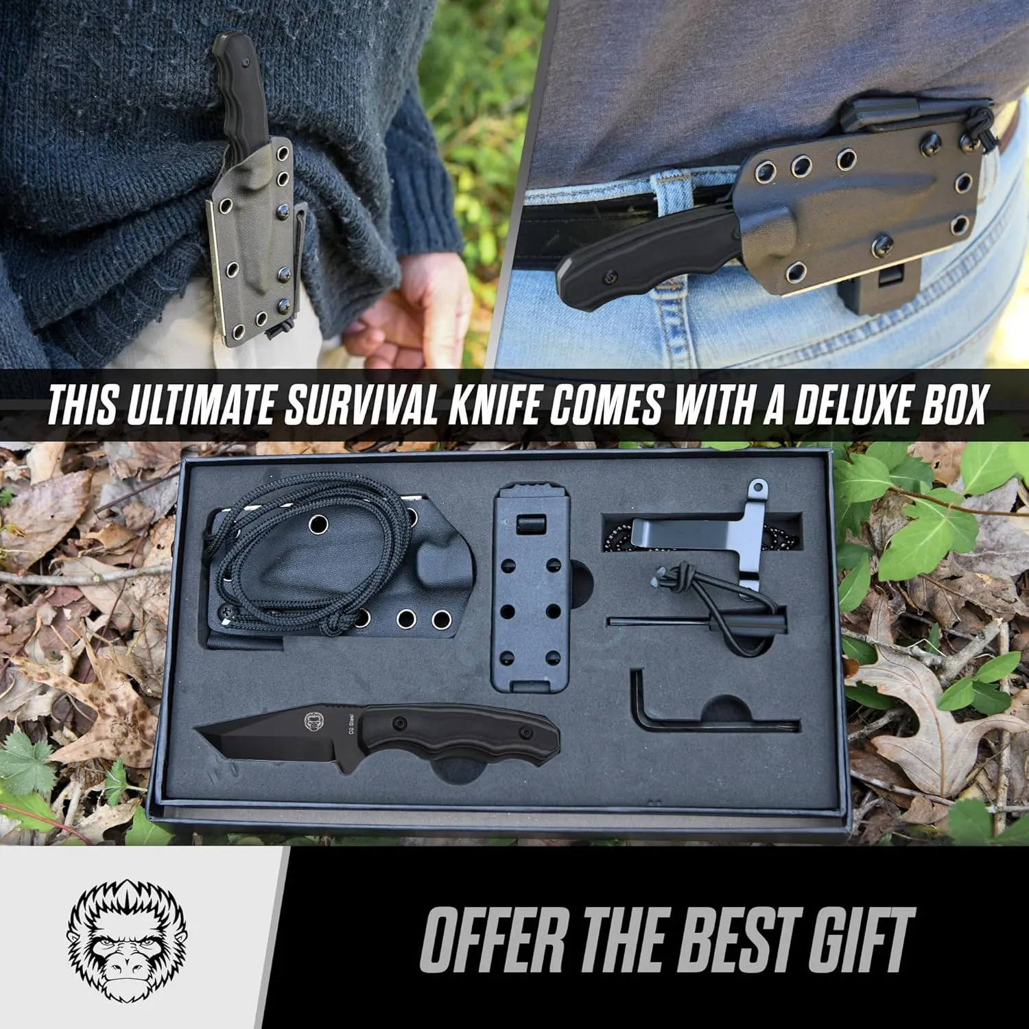 Holtzman's Gorilla Survival Wakizashi Fixed Blade Neck Knife with Kydex Sheath & Ferro Rod (Grey Black) - Ideal for Bushcraft and Survival Use