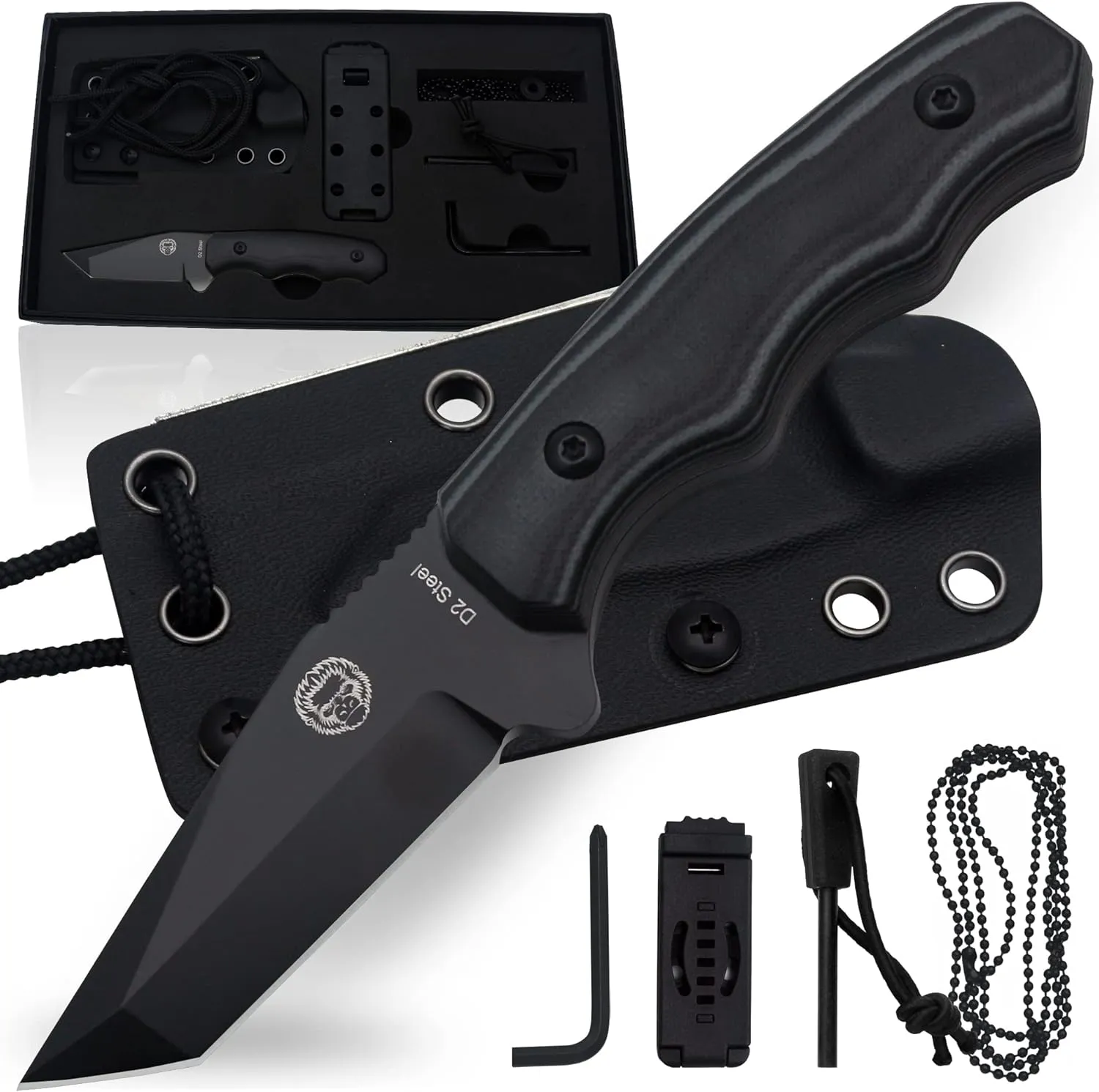 Holtzman's Gorilla Survival Wakizashi Fixed Blade Neck Knife with Kydex Sheath & Ferro Rod (Grey Black) - Ideal for Bushcraft and Survival Use