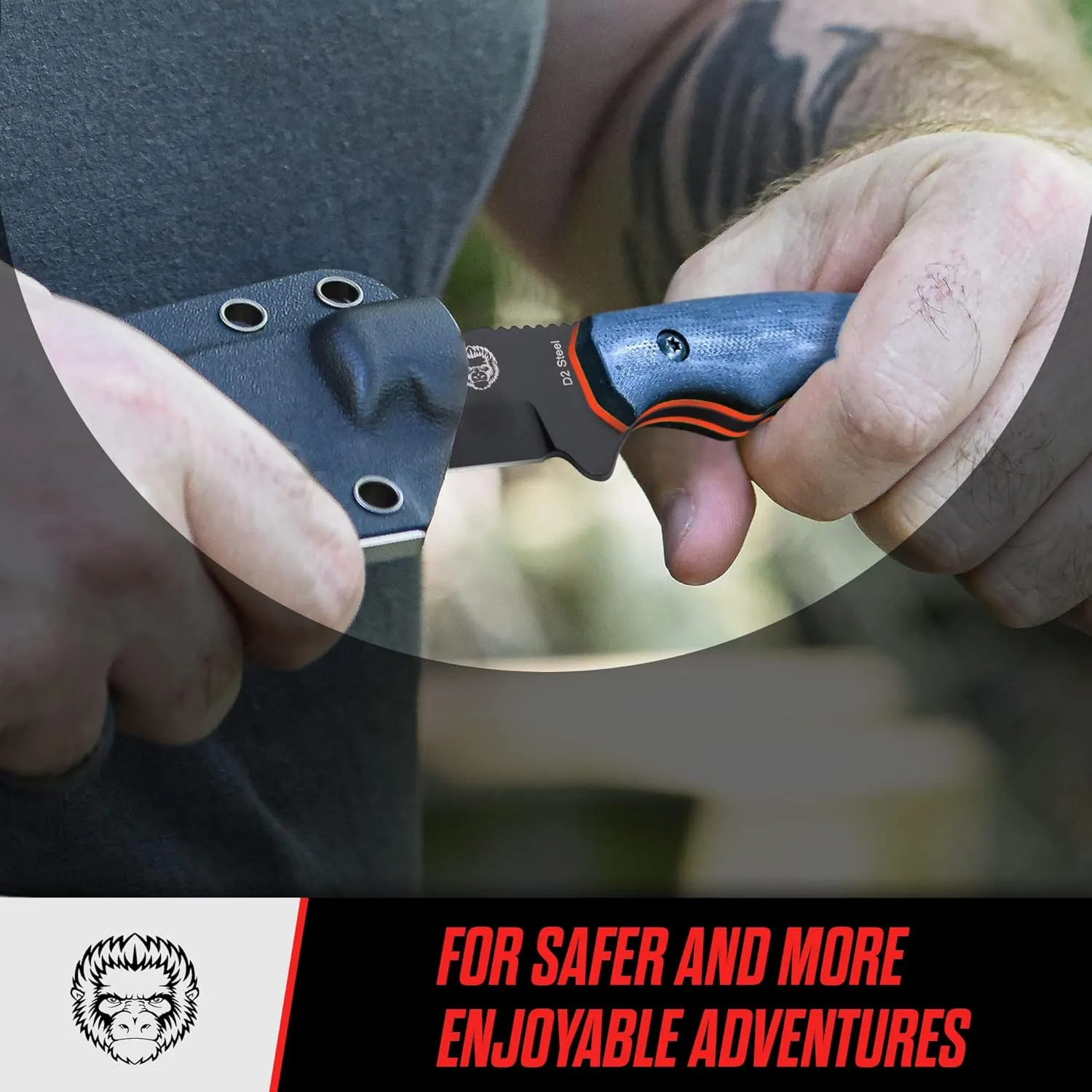 Holtzman's Gorilla Survival Wakizashi Fixed Blade Neck Knife with Kydex Sheath & Ferro Rod (Orange Black) - Ideal for Bushcraft and Survival Use
