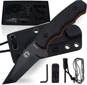 Holtzman's Gorilla Survival Wakizashi Fixed Blade Neck Knife with Kydex Sheath & Ferro Rod (Orange Black) - Ideal for Bushcraft and Survival Use