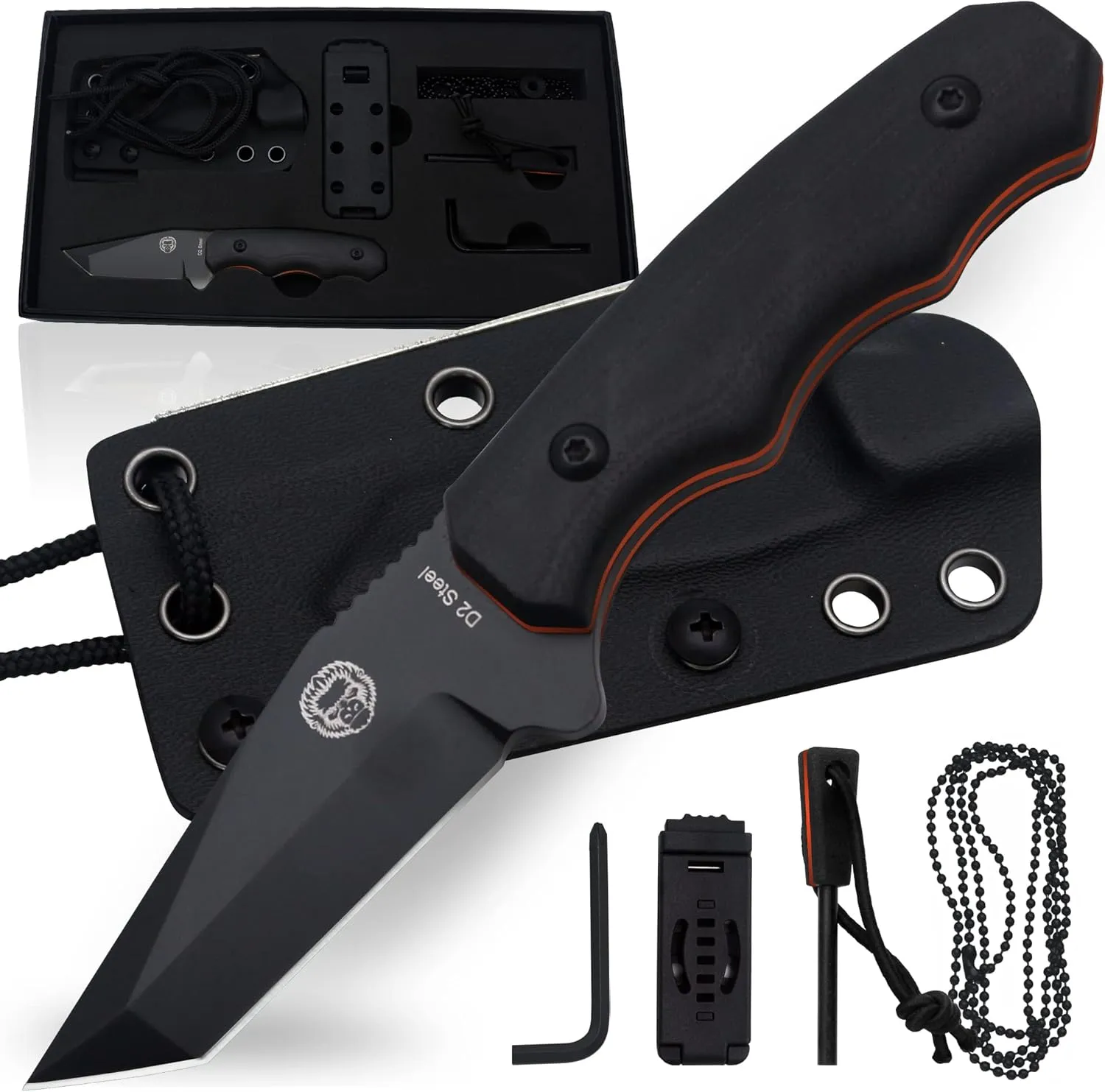 Holtzman's Gorilla Survival Wakizashi Fixed Blade Neck Knife with Kydex Sheath & Ferro Rod (Orange Black) - Ideal for Bushcraft and Survival Use