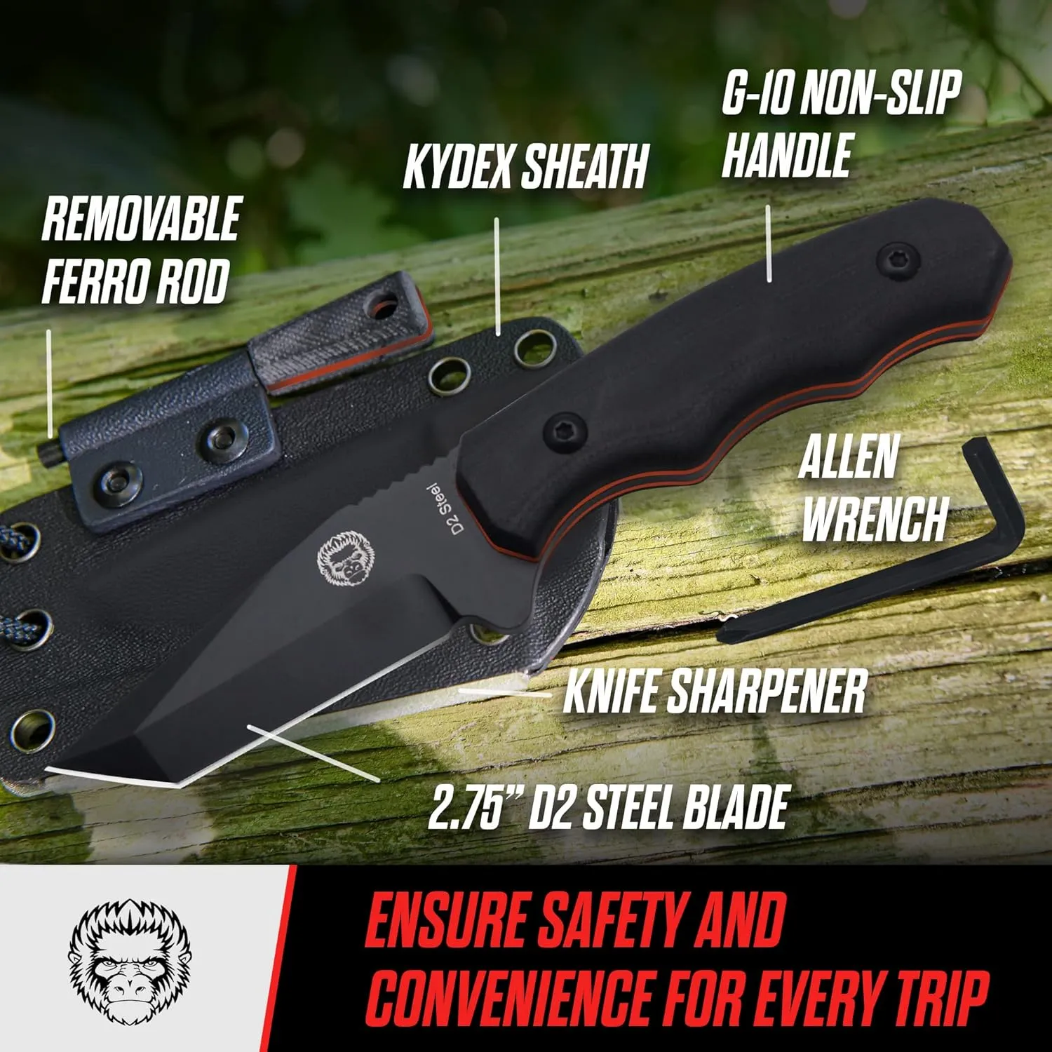 Holtzman's Gorilla Survival Wakizashi Fixed Blade Neck Knife with Kydex Sheath & Ferro Rod (Orange Black) - Ideal for Bushcraft and Survival Use