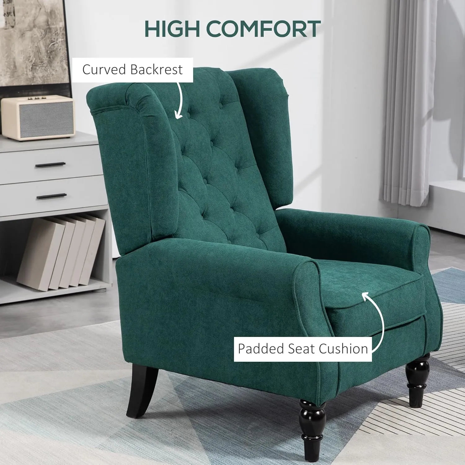HOMCOM Mid-Century Modern Accent Chair, High Wingback Chair, Button-Tufted Upholstered Fabric Armchair with Retro Wood Legs for Living Room, Bedroom, Dark Green