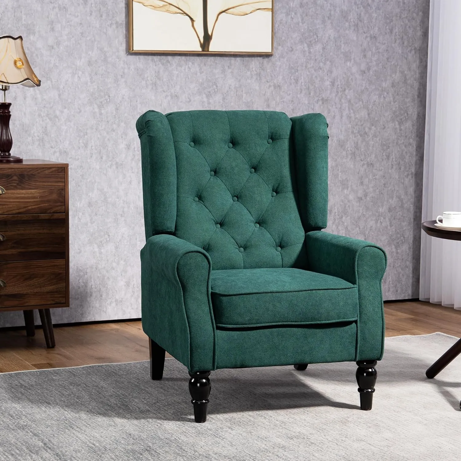 HOMCOM Mid-Century Modern Accent Chair, High Wingback Chair, Button-Tufted Upholstered Fabric Armchair with Retro Wood Legs for Living Room, Bedroom, Dark Green