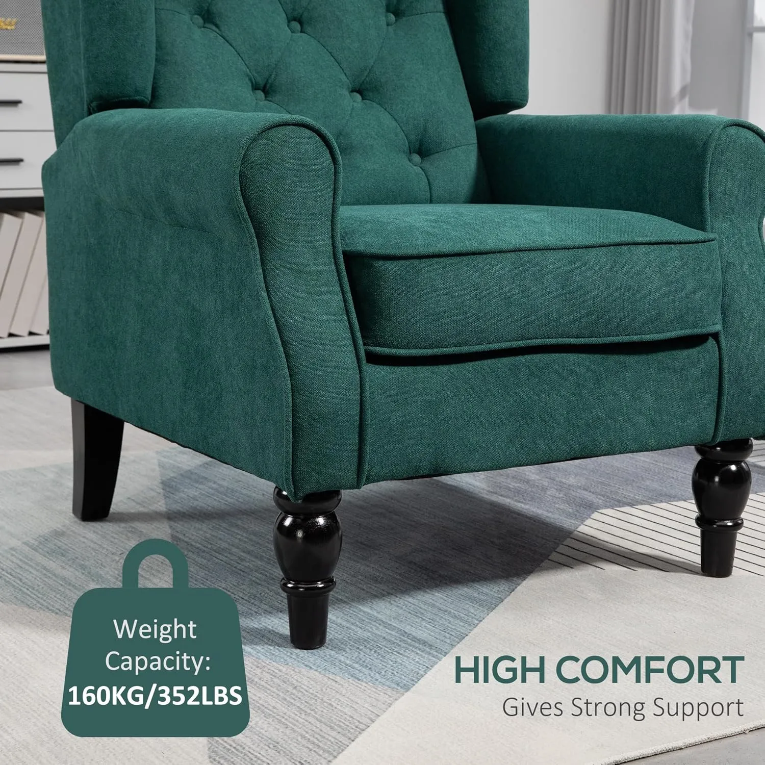 HOMCOM Mid-Century Modern Accent Chair, High Wingback Chair, Button-Tufted Upholstered Fabric Armchair with Retro Wood Legs for Living Room, Bedroom, Dark Green