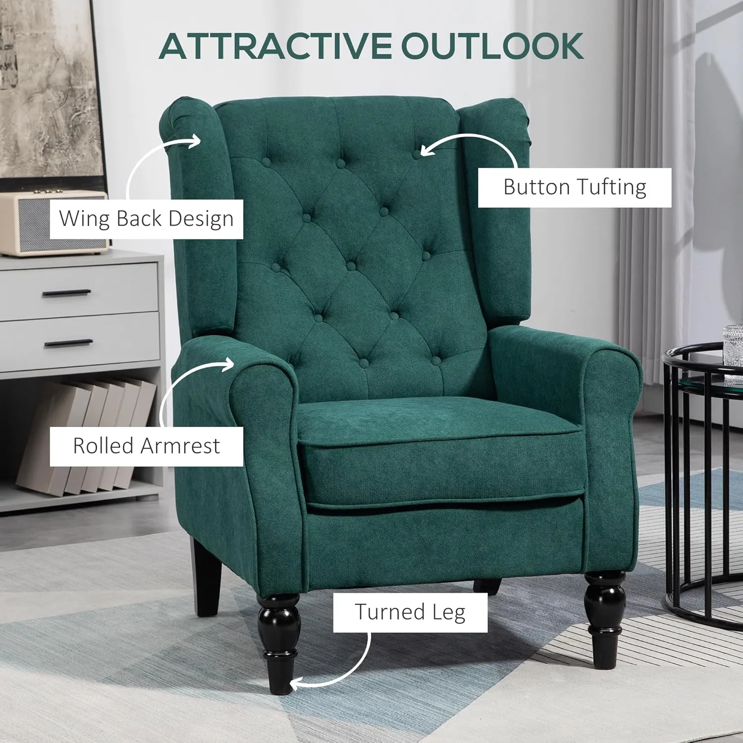 HOMCOM Mid-Century Modern Accent Chair, High Wingback Chair, Button-Tufted Upholstered Fabric Armchair with Retro Wood Legs for Living Room, Bedroom, Dark Green