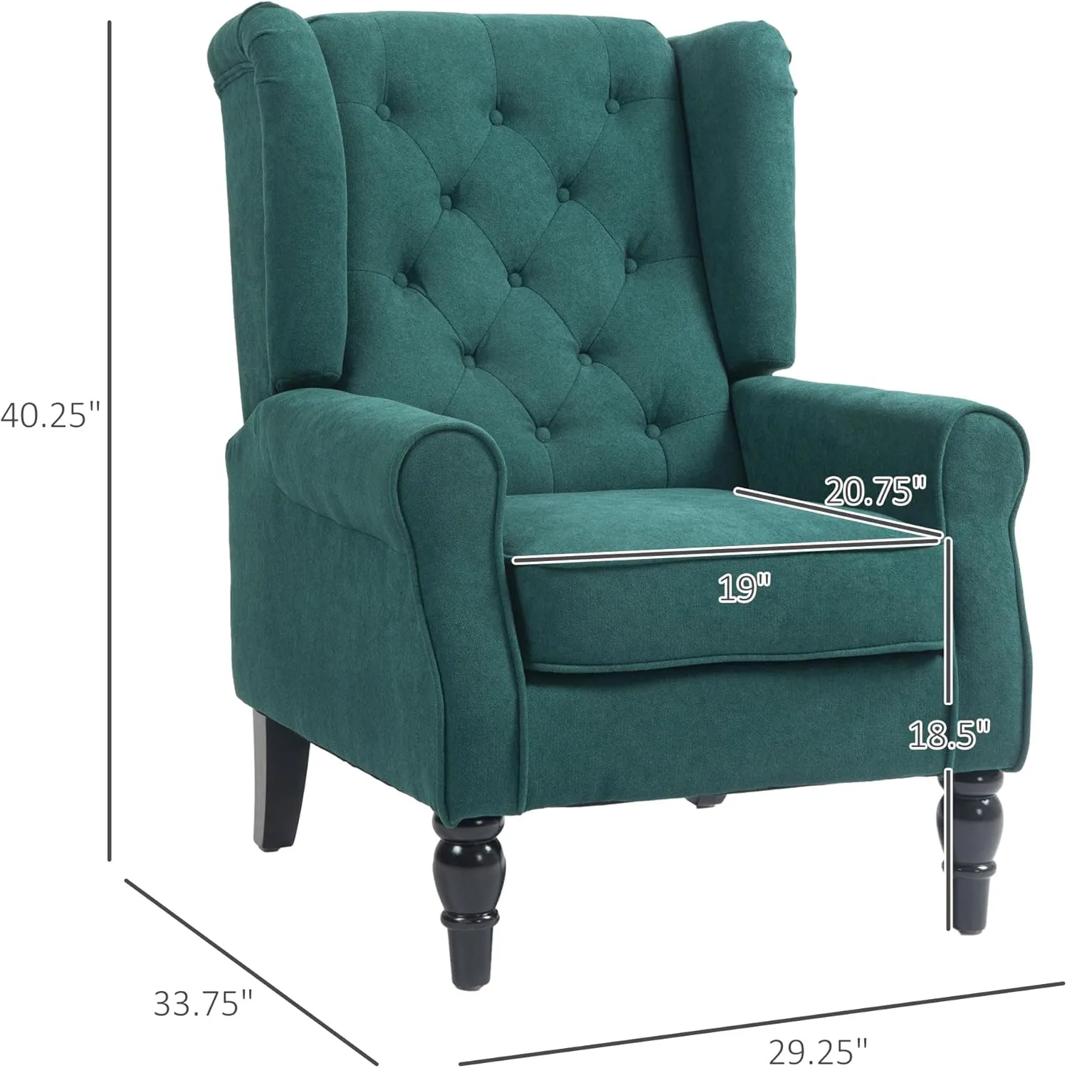HOMCOM Mid-Century Modern Accent Chair, High Wingback Chair, Button-Tufted Upholstered Fabric Armchair with Retro Wood Legs for Living Room, Bedroom, Dark Green