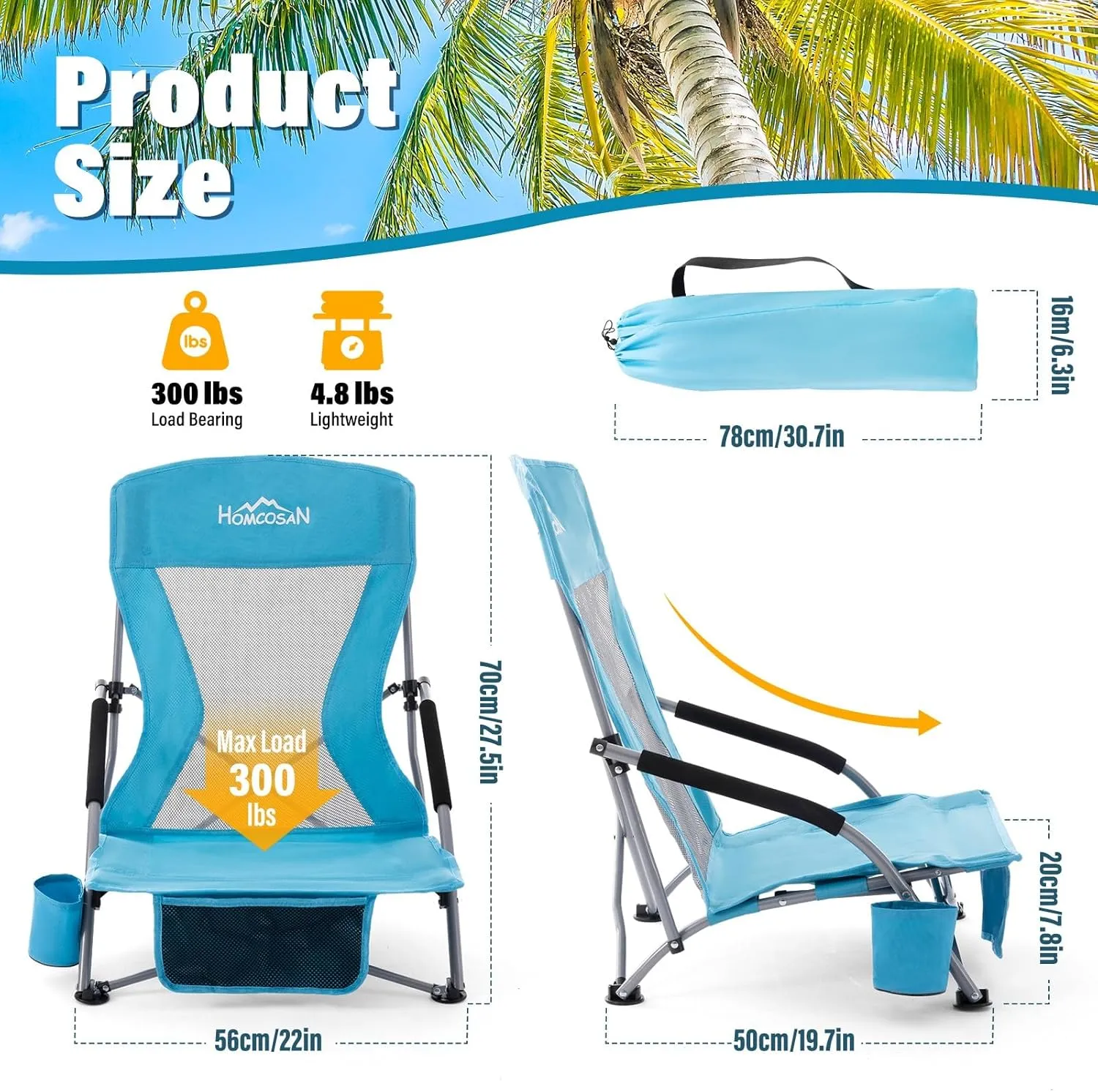Homcosan Low Folding Beach Chairs for Adults,Portable Lightweight Sling Chair with Cup Holder Mesh Back Folding Chair with Carry Bag for Outdoor Lawn Camping Concert Travel (Blue)