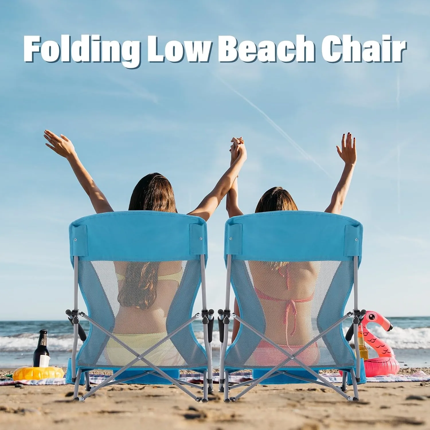 Homcosan Low Folding Beach Chairs for Adults,Portable Lightweight Sling Chair with Cup Holder Mesh Back Folding Chair with Carry Bag for Outdoor Lawn Camping Concert Travel (Blue)