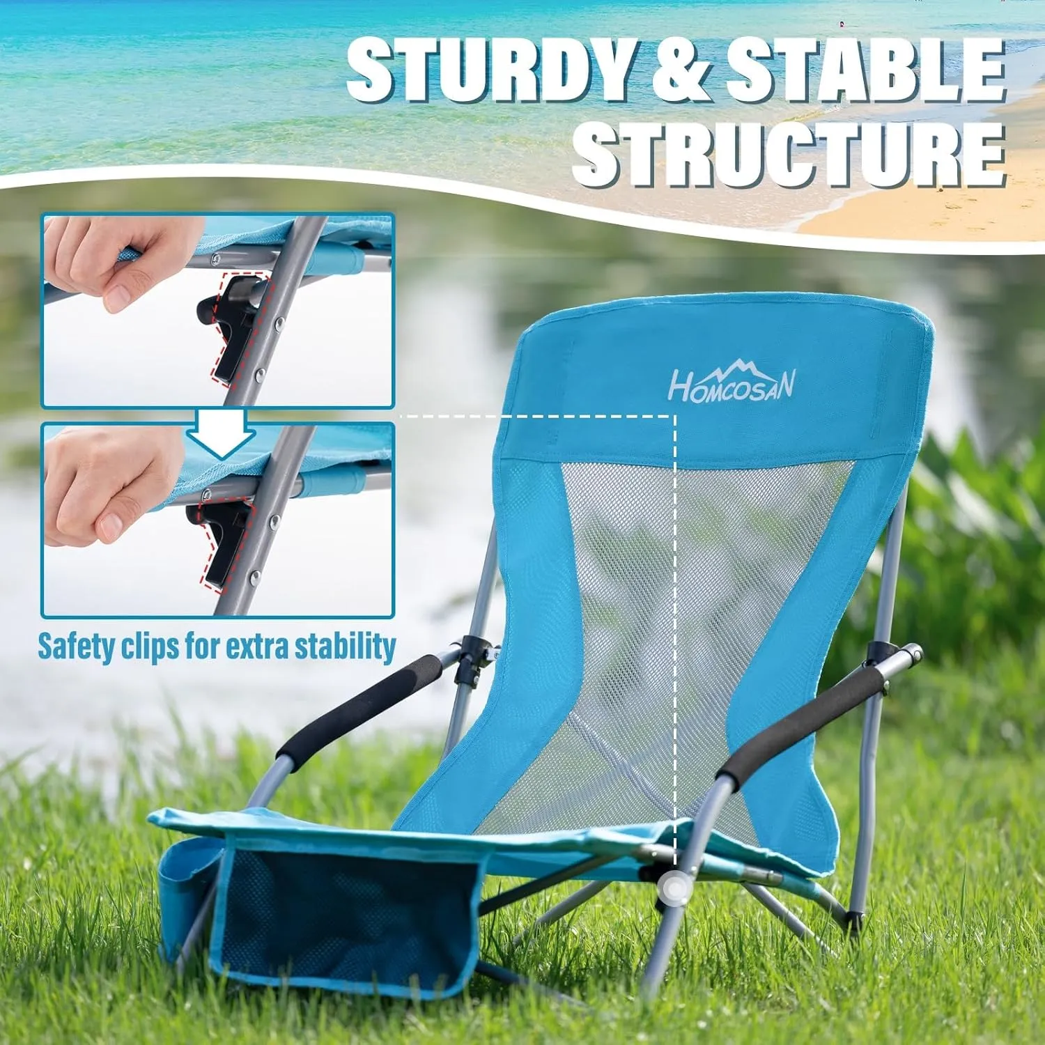 Homcosan Low Folding Beach Chairs for Adults,Portable Lightweight Sling Chair with Cup Holder Mesh Back Folding Chair with Carry Bag for Outdoor Lawn Camping Concert Travel (Blue)