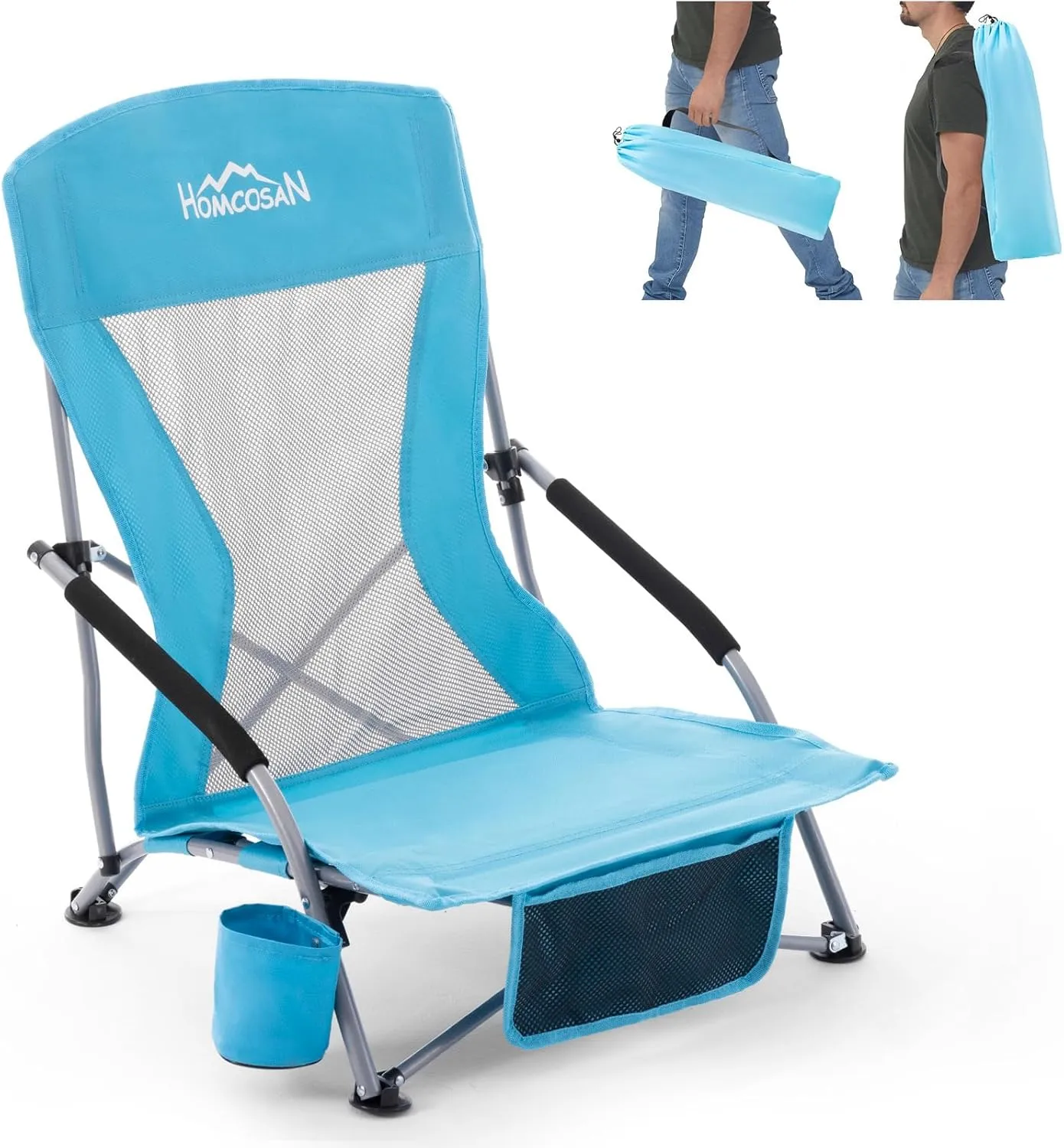 Homcosan Low Folding Beach Chairs for Adults,Portable Lightweight Sling Chair with Cup Holder Mesh Back Folding Chair with Carry Bag for Outdoor Lawn Camping Concert Travel (Blue)