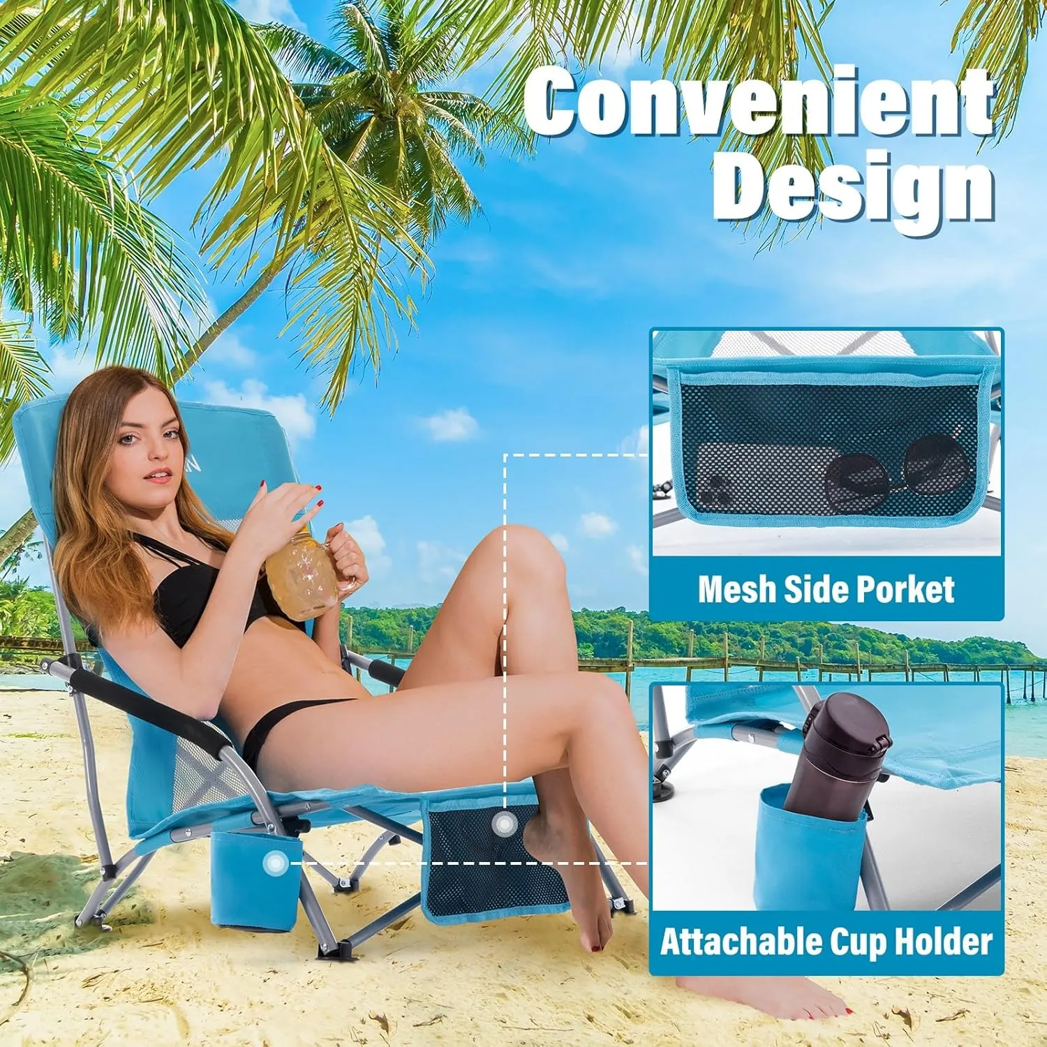 Homcosan Low Folding Beach Chairs for Adults,Portable Lightweight Sling Chair with Cup Holder Mesh Back Folding Chair with Carry Bag for Outdoor Lawn Camping Concert Travel (Blue)