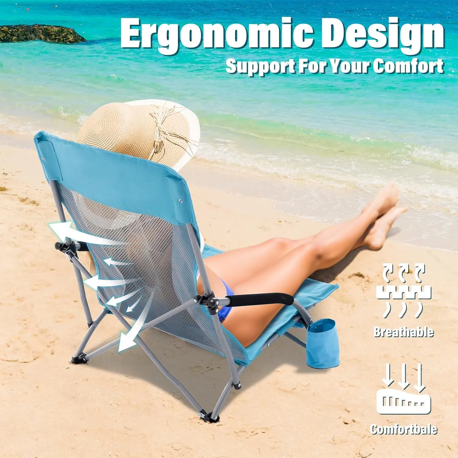 Homcosan Low Folding Beach Chairs for Adults,Portable Lightweight Sling Chair with Cup Holder Mesh Back Folding Chair with Carry Bag for Outdoor Lawn Camping Concert Travel (Blue)