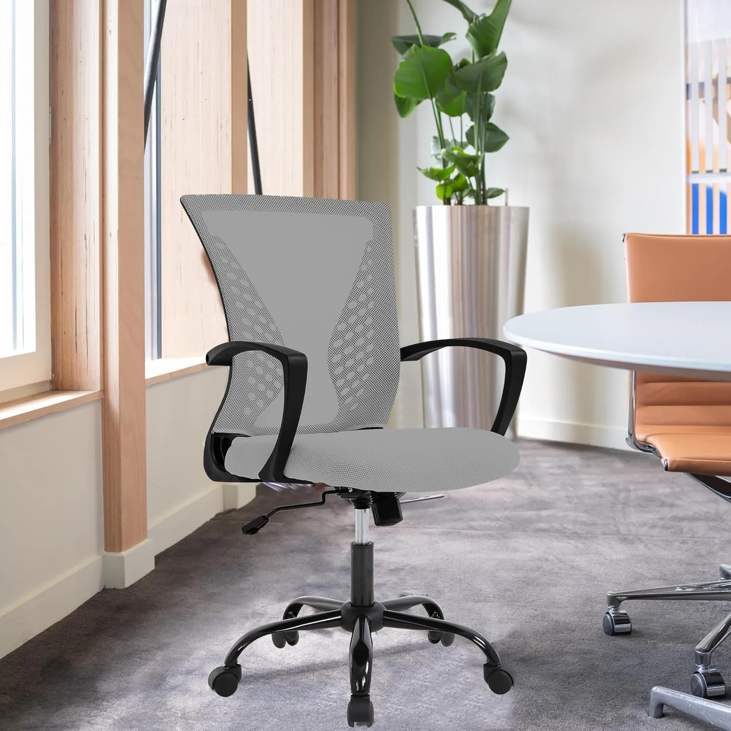 Home Office Chair Mid Back PC Swivel Lumbar Support Adjustable Desk Task Computer Ergonomic Comfortable Mesh Chair with Armrest (Grey)