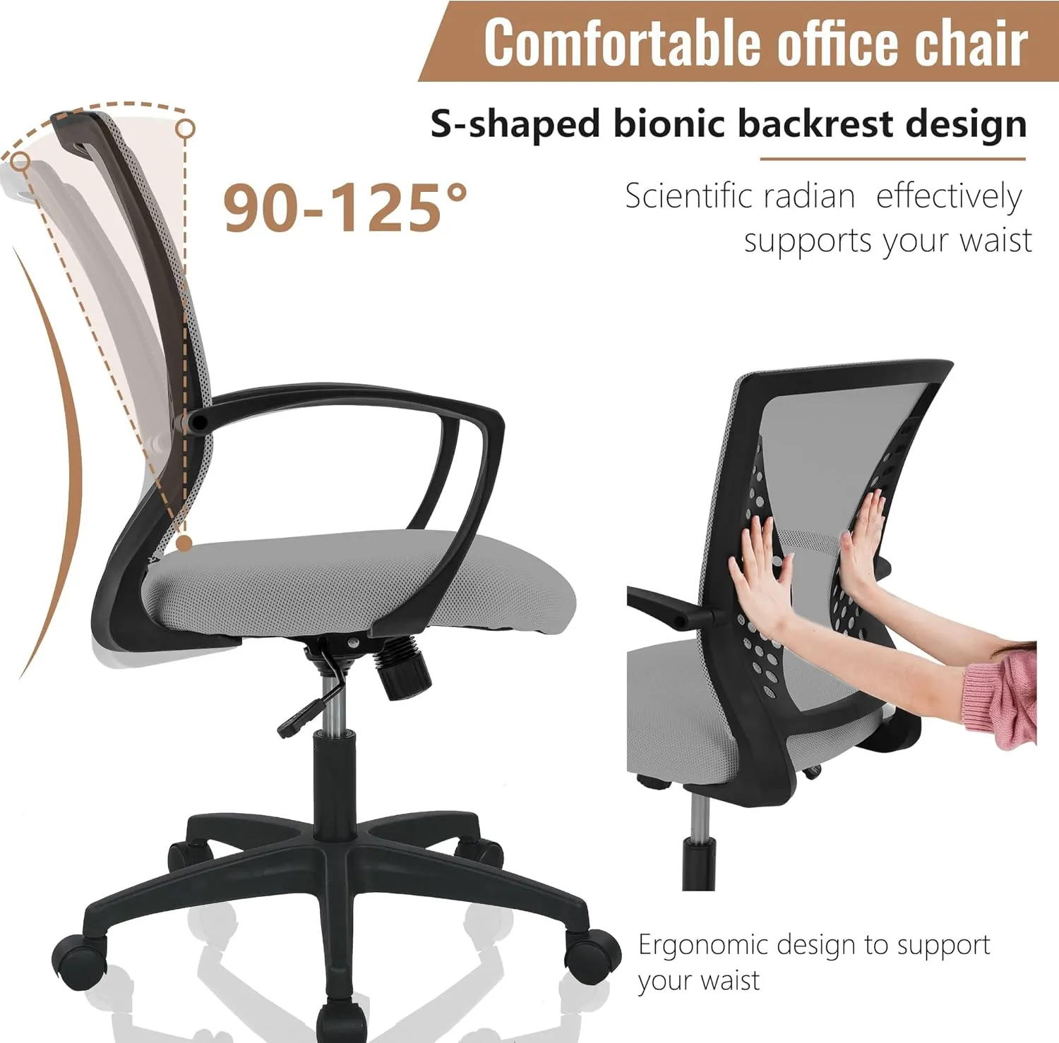 Home Office Chair Mid Back PC Swivel Lumbar Support Adjustable Desk Task Computer Ergonomic Comfortable Mesh Chair with Armrest (Grey)