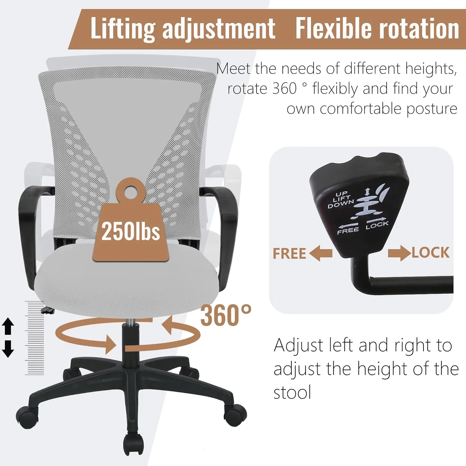 Home Office Chair Mid Back PC Swivel Lumbar Support Adjustable Desk Task Computer Ergonomic Comfortable Mesh Chair with Armrest (Grey)