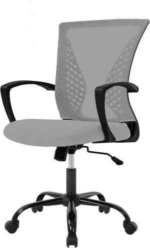Home Office Chair Mid Back PC Swivel Lumbar Support Adjustable Desk Task Computer Ergonomic Comfortable Mesh Chair with Armrest (Grey)