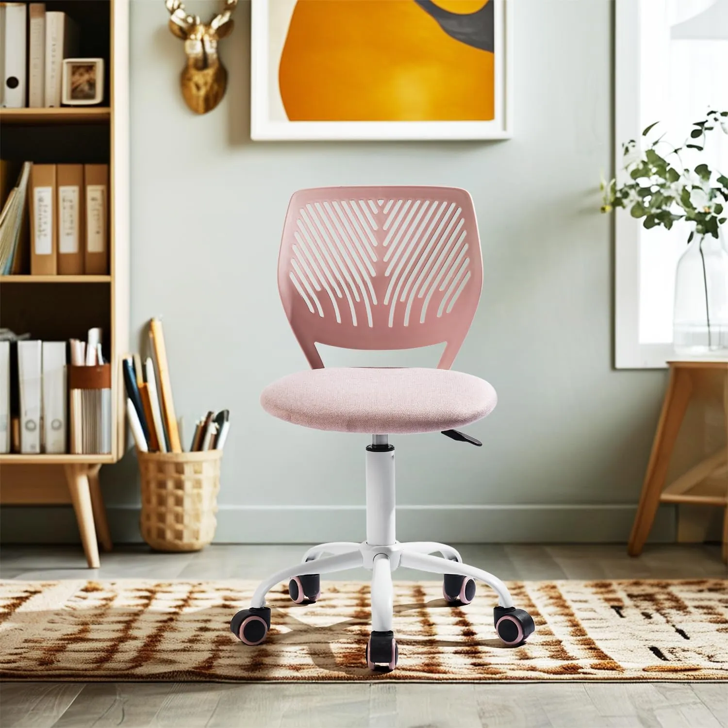 Homy Casa Armless Home Office Desk Chair, Colorful Task Chair with Soft Mesh Padded Cushion, Height Adjustable Swivel Study Computer Chair for for Girls Boys Teens (Pink Ⅰ, 1PC)