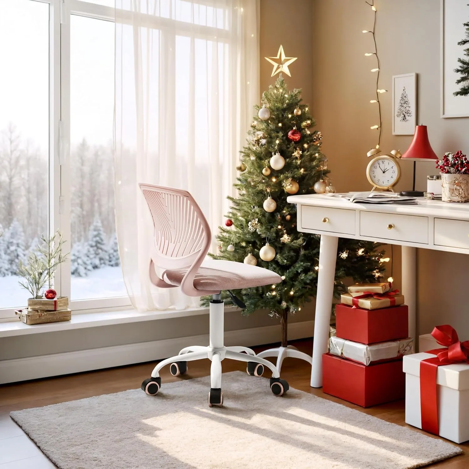 Homy Casa Armless Home Office Desk Chair, Colorful Task Chair with Soft Mesh Padded Cushion, Height Adjustable Swivel Study Computer Chair for for Girls Boys Teens (Pink Ⅰ, 1PC)