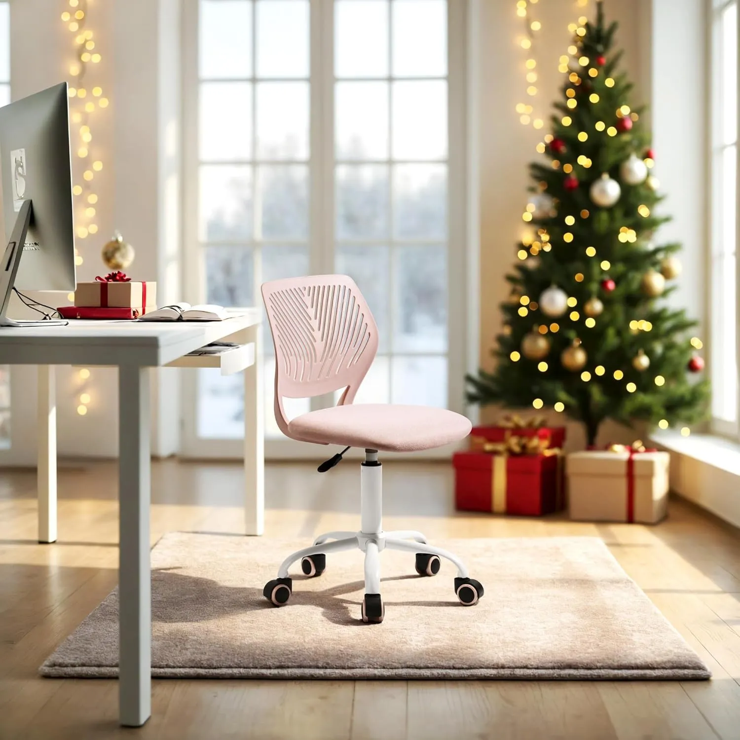 Homy Casa Armless Home Office Desk Chair, Colorful Task Chair with Soft Mesh Padded Cushion, Height Adjustable Swivel Study Computer Chair for for Girls Boys Teens (Pink Ⅰ, 1PC)