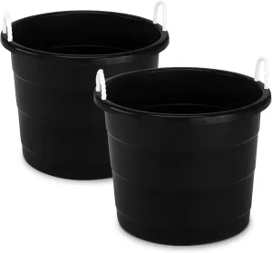 HOMZ 2-Pack Utility Tub, Large Plastic Storage Bucket with Rope Handles, 17 Gallon, Black