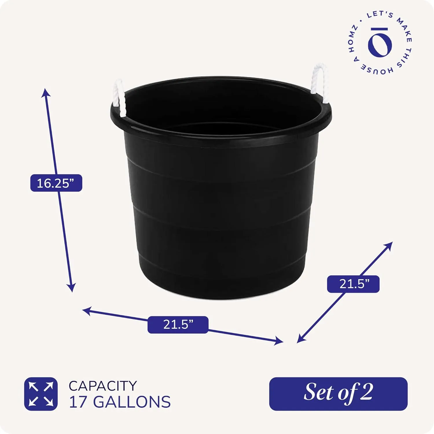 HOMZ 2-Pack Utility Tub, Large Plastic Storage Bucket with Rope Handles, 17 Gallon, Black