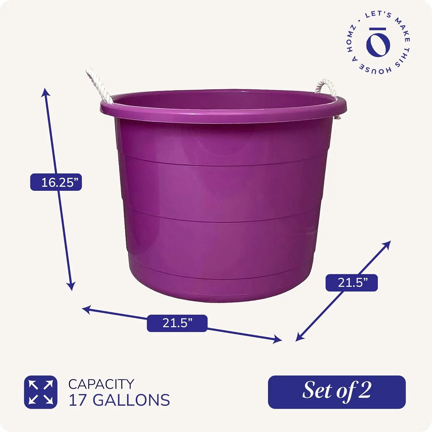 HOMZ 2-Pack Utility Tub, Large Plastic Storage Bucket with Rope Handles, 17 Gallon, Purple