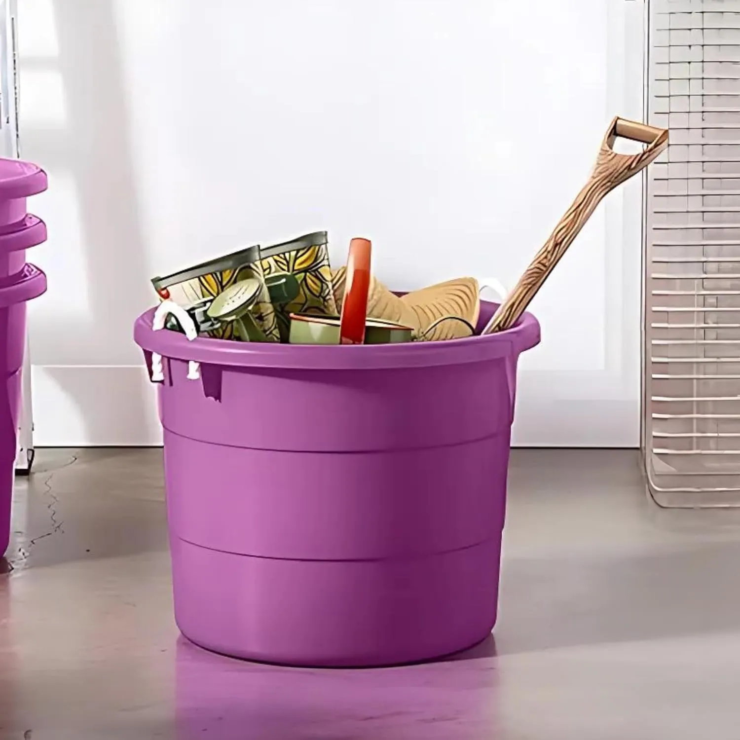 HOMZ 2-Pack Utility Tub, Large Plastic Storage Bucket with Rope Handles, 17 Gallon, Purple