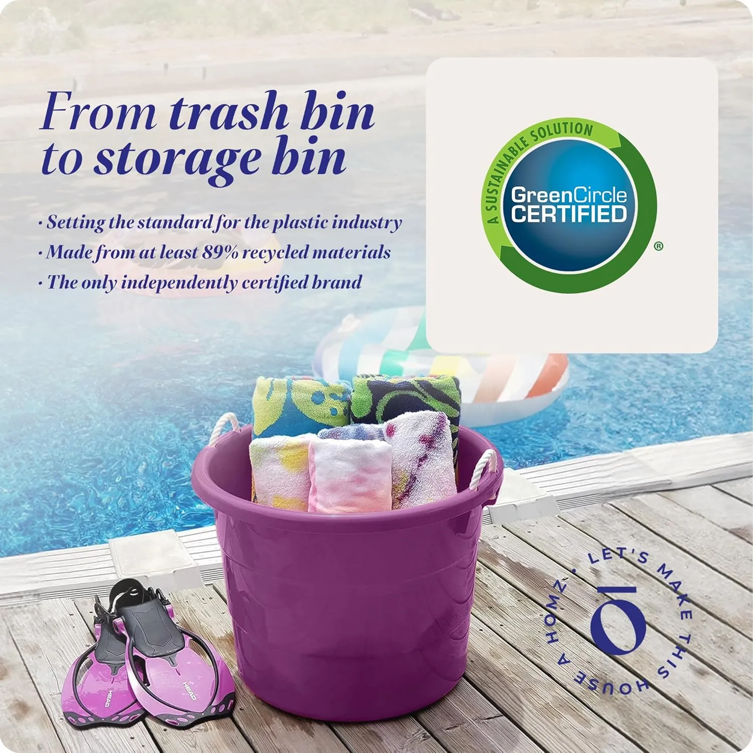 HOMZ 2-Pack Utility Tub, Large Plastic Storage Bucket with Rope Handles, 17 Gallon, Purple