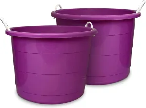 HOMZ 2-Pack Utility Tub, Large Plastic Storage Bucket with Rope Handles, 17 Gallon, Purple