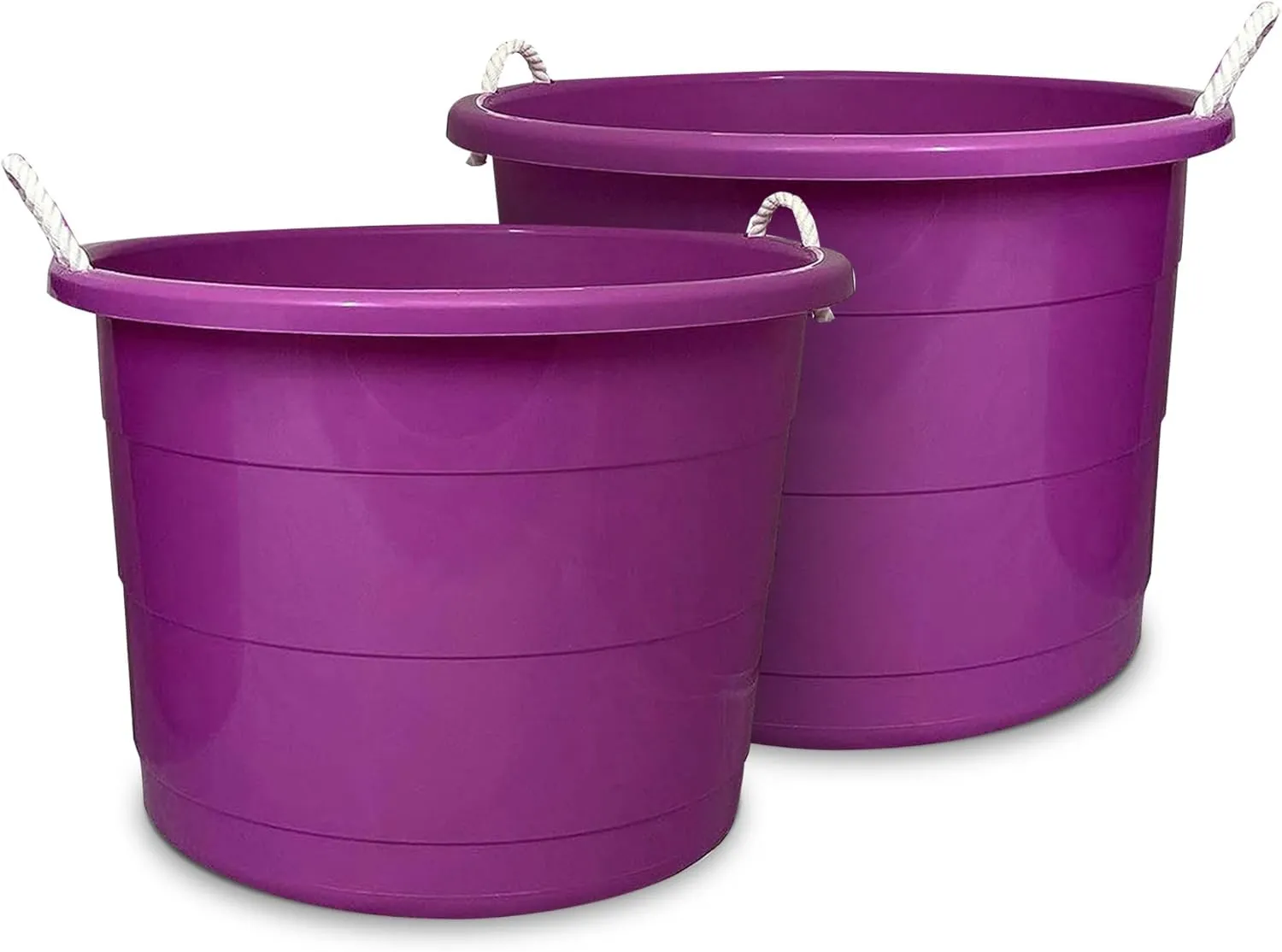 HOMZ 2-Pack Utility Tub, Large Plastic Storage Bucket with Rope Handles, 17 Gallon, Purple