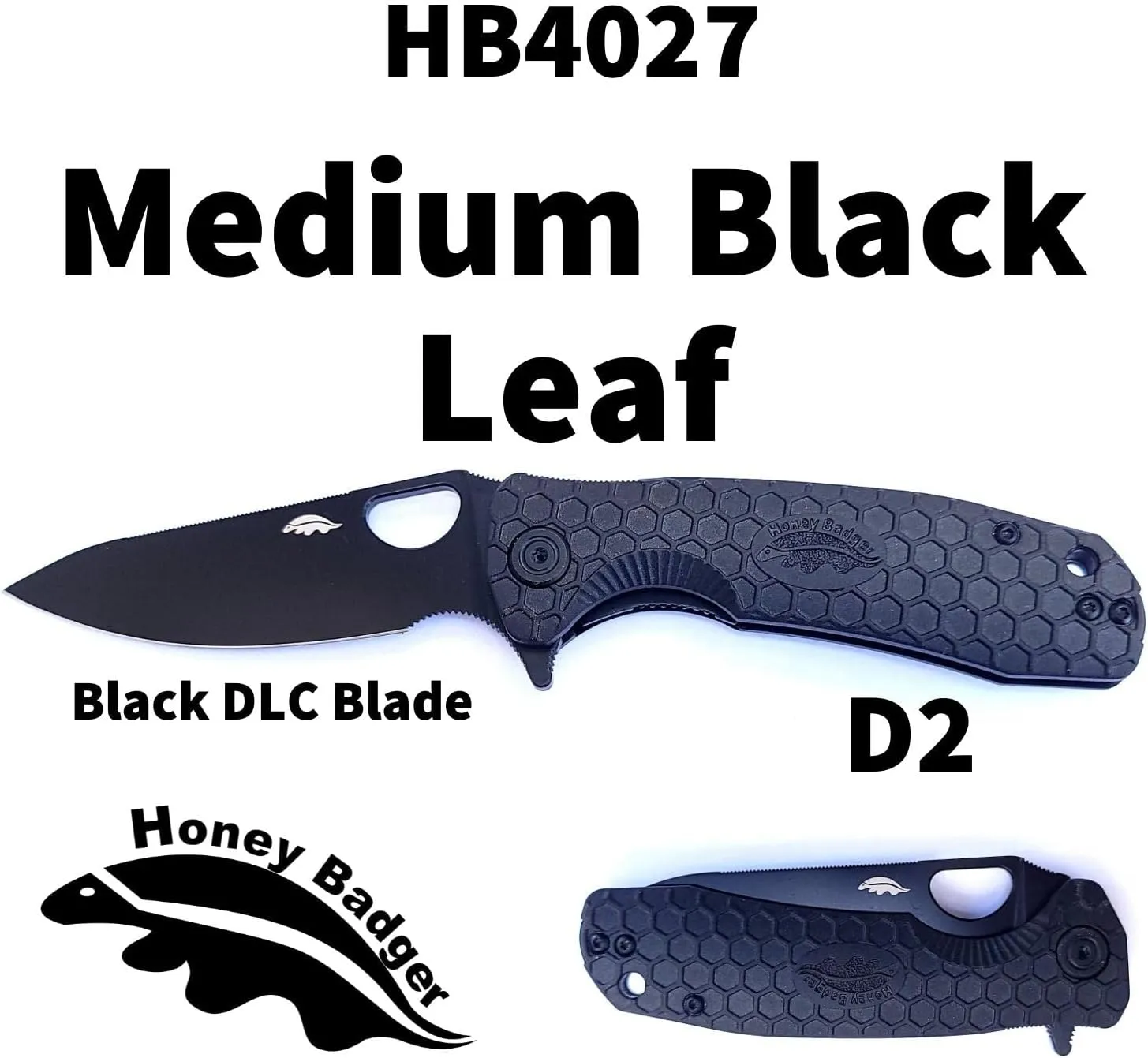 Honey Badger Medium Leaf Black Blade Pocket Knife - 3.19" Blade Fiberglass-Reinforced Nylon Handle Ambidextrous Clip 2.9oz