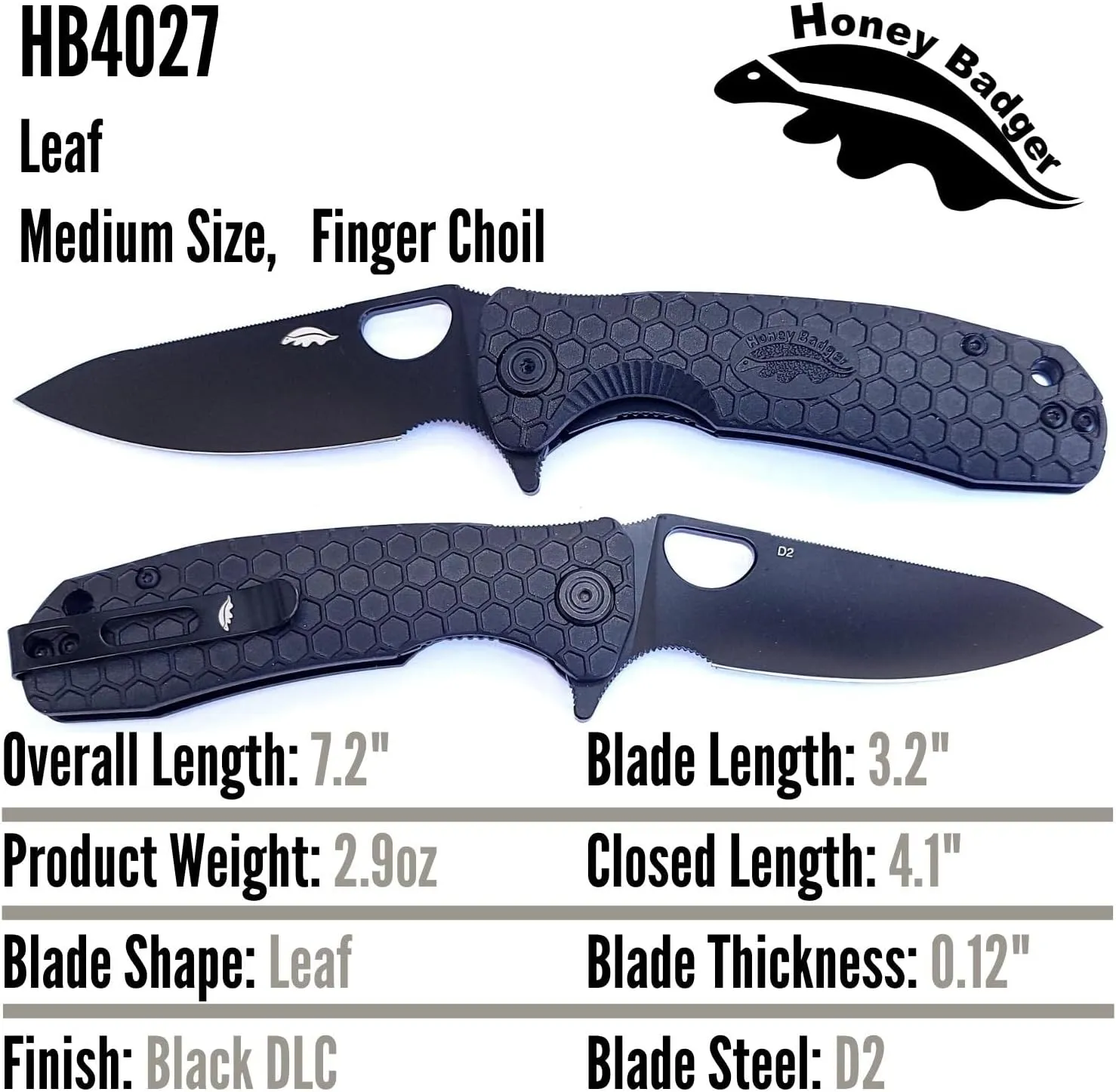 Honey Badger Medium Leaf Black Blade Pocket Knife - 3.19" Blade Fiberglass-Reinforced Nylon Handle Ambidextrous Clip 2.9oz