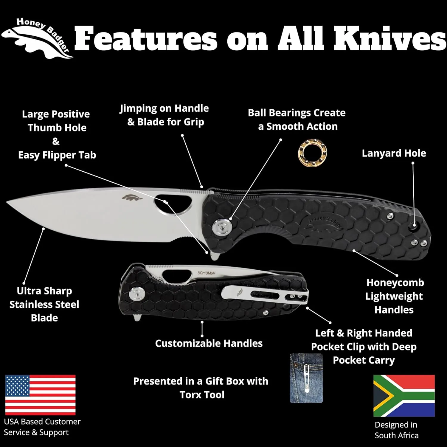 Honey Badger Medium Pocket Knife EDC Drop Point Folding Utility Knife 3.2" Steel Blade Reversible Pocket Clip - (2.9oz) Drop Point Medium Orange HB1019