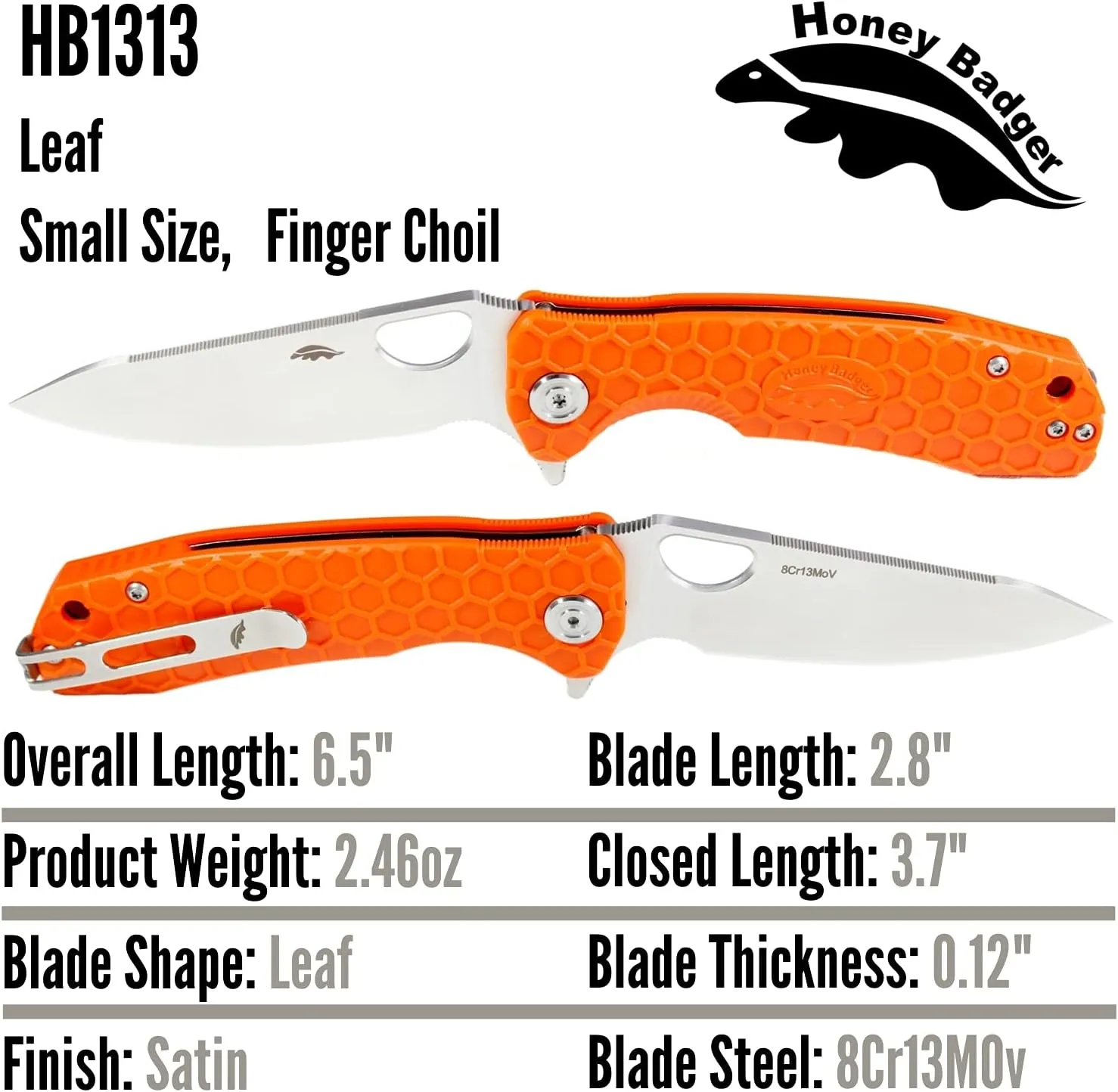 Honey Badger Small Orange Leaf Pocket Knife - 2.8" Blade Fiberglass-Reinforced Nylon Handle Ambidextrous Clip 2.6.oz