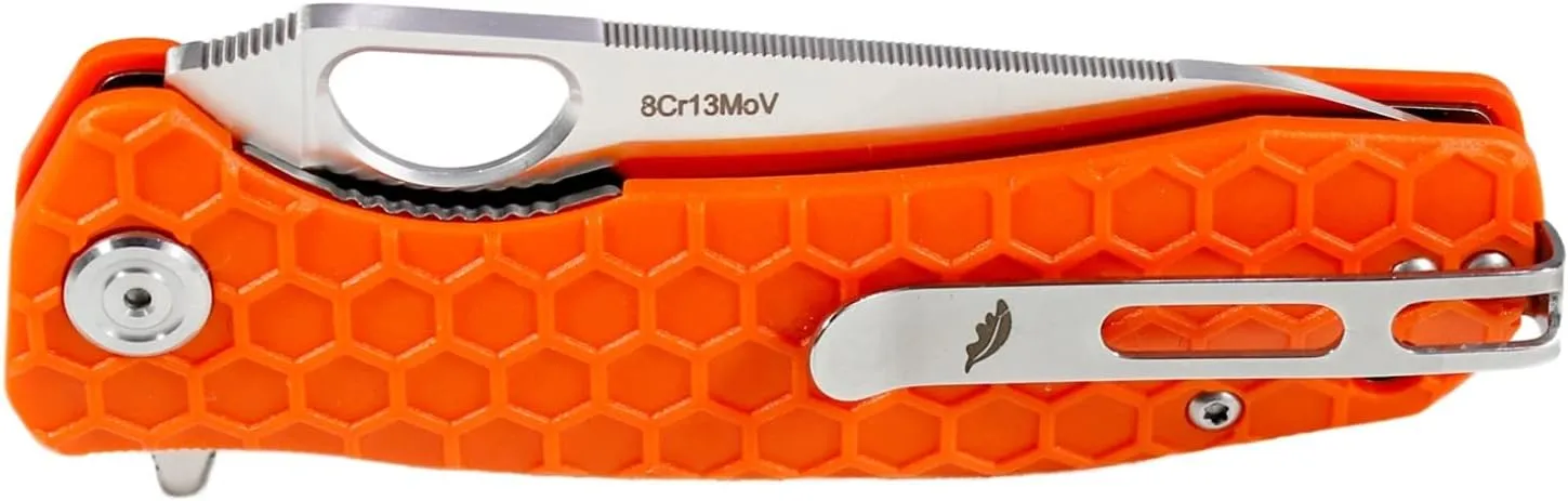 Honey Badger Small Orange Leaf Pocket Knife - 2.8" Blade Fiberglass-Reinforced Nylon Handle Ambidextrous Clip 2.6.oz