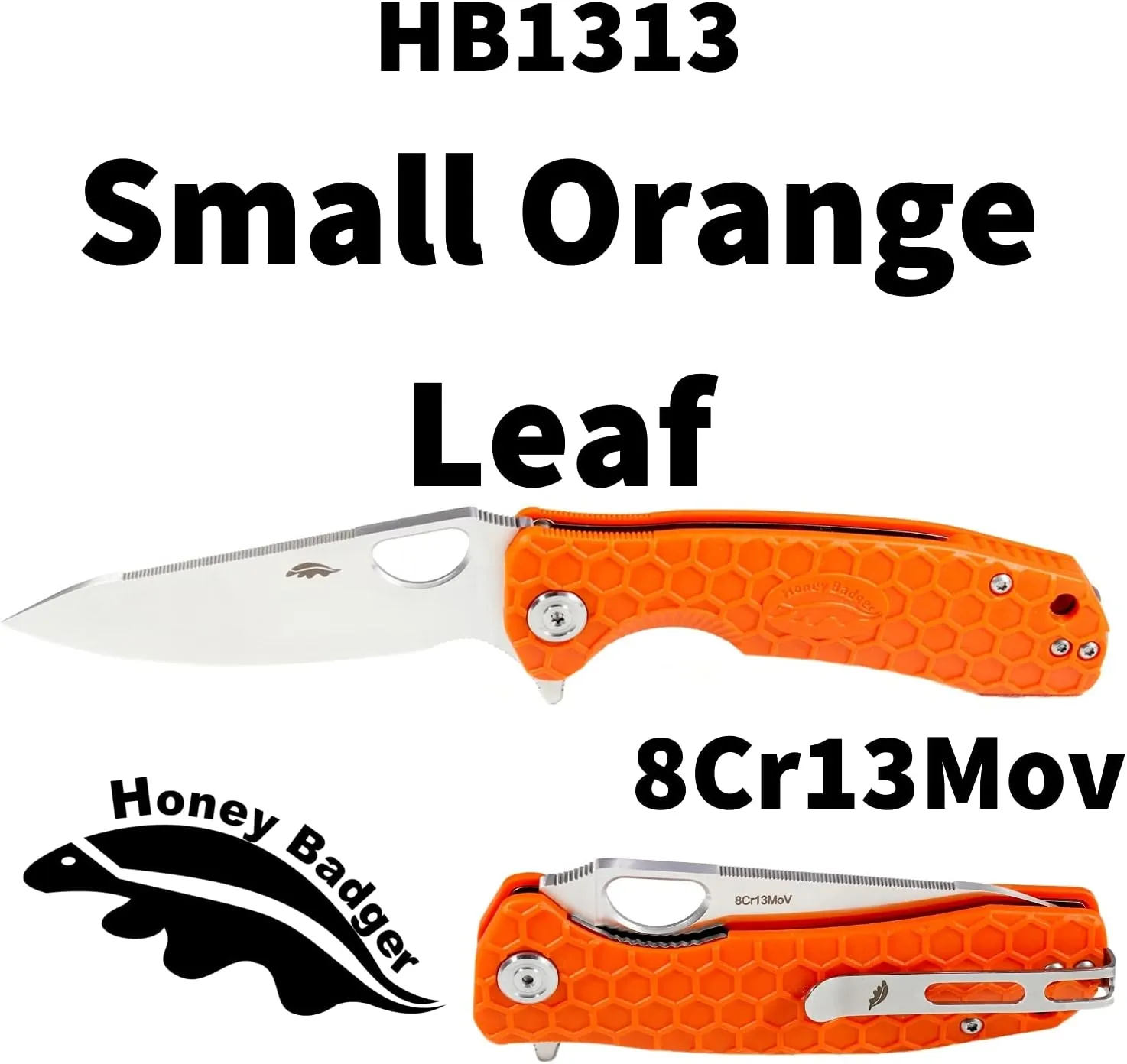 Honey Badger Small Orange Leaf Pocket Knife - 2.8" Blade Fiberglass-Reinforced Nylon Handle Ambidextrous Clip 2.6.oz