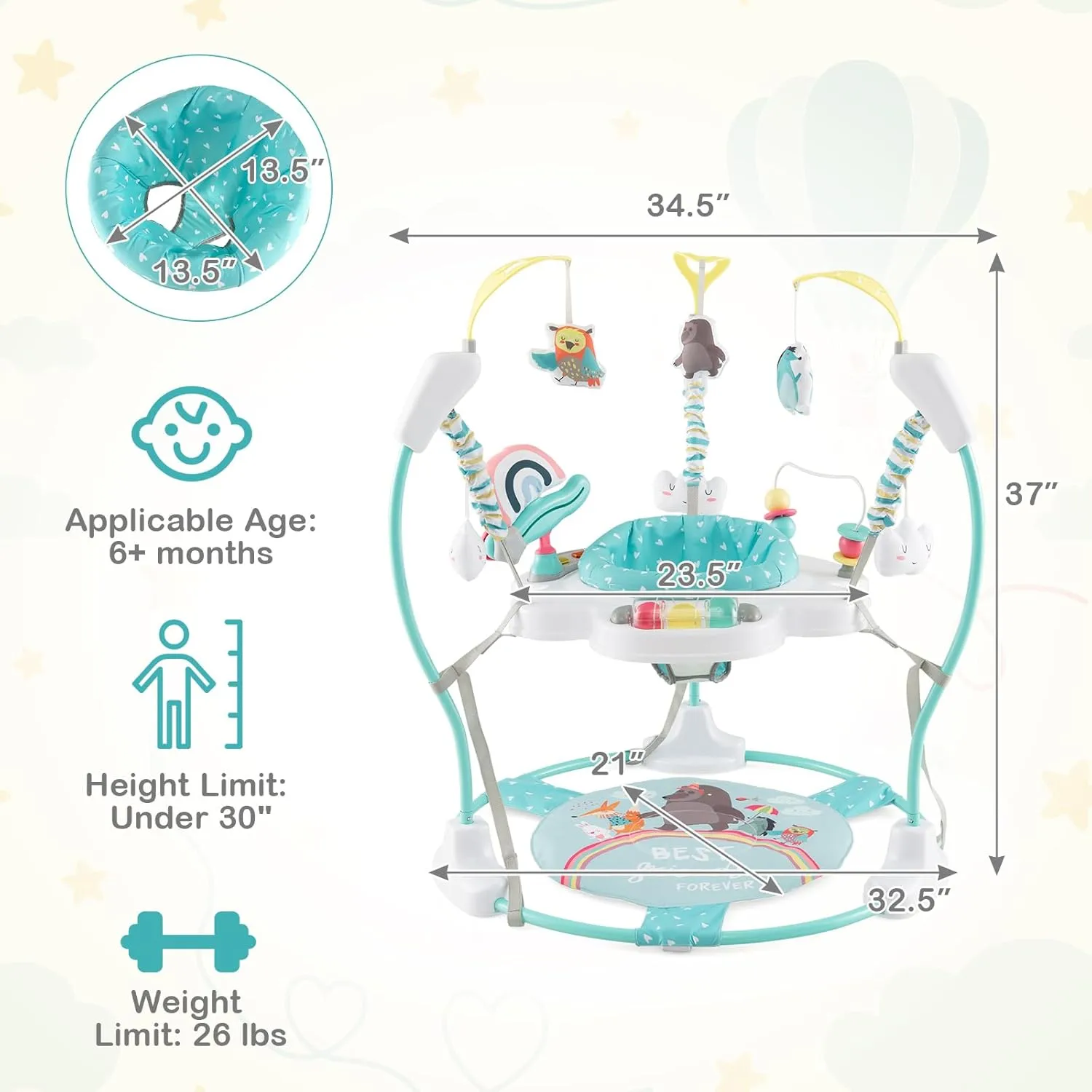 HONEY JOY Baby Bouncer Activity Center, Infant Jumper and Table w/ 360° Rotary Seat, 3 Adjustable Heights, Mat, Music, Lights, Sounds & Developmental Toys, Activity Center for Babies 6  Months, Blue