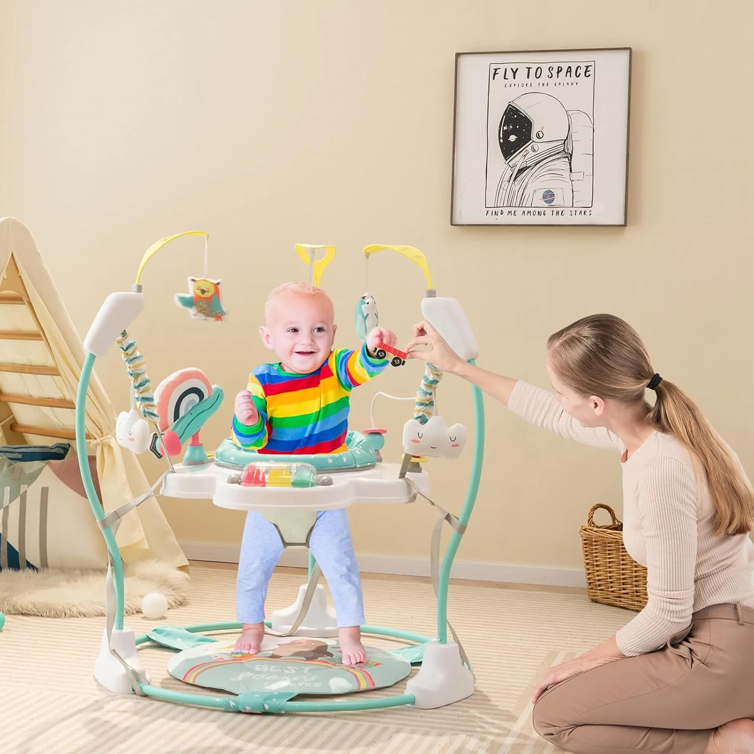 HONEY JOY Baby Bouncer Activity Center, Infant Jumper and Table w/ 360° Rotary Seat, 3 Adjustable Heights, Mat, Music, Lights, Sounds & Developmental Toys, Activity Center for Babies 6  Months, Blue