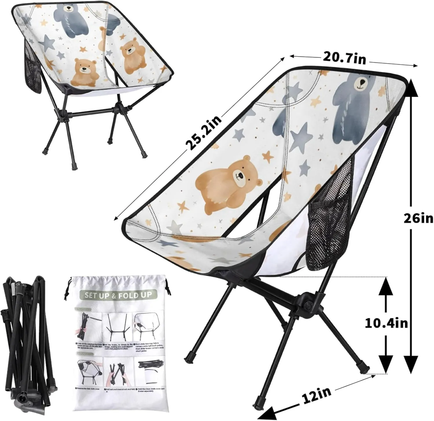 Honeybaby Folding Camping Chair Bears Stars Camping Chairs Lightweight Portable Chair Outdoor Foldable Chairs for Camping Travel Picnic Beach Hiking