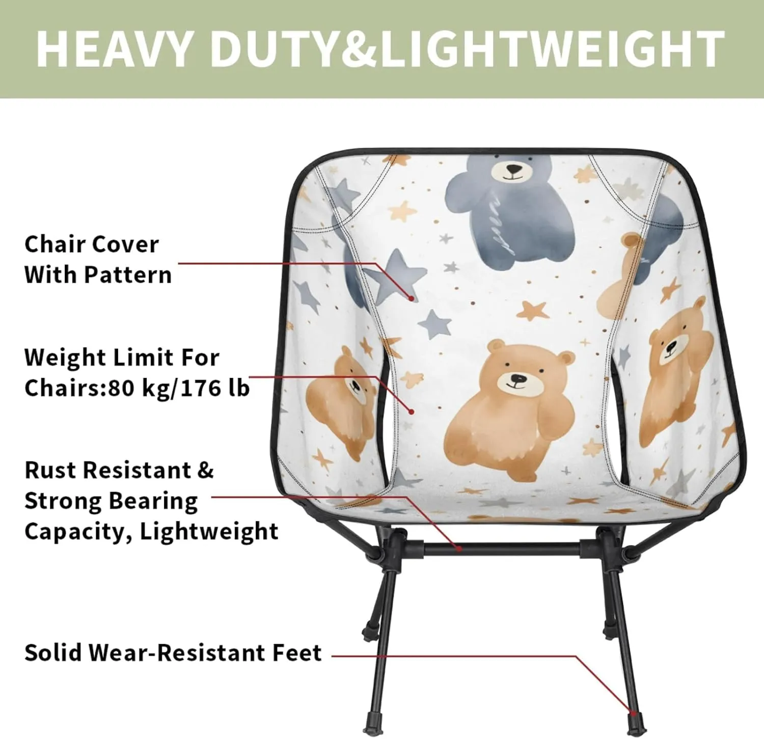 Honeybaby Folding Camping Chair Bears Stars Camping Chairs Lightweight Portable Chair Outdoor Foldable Chairs for Camping Travel Picnic Beach Hiking