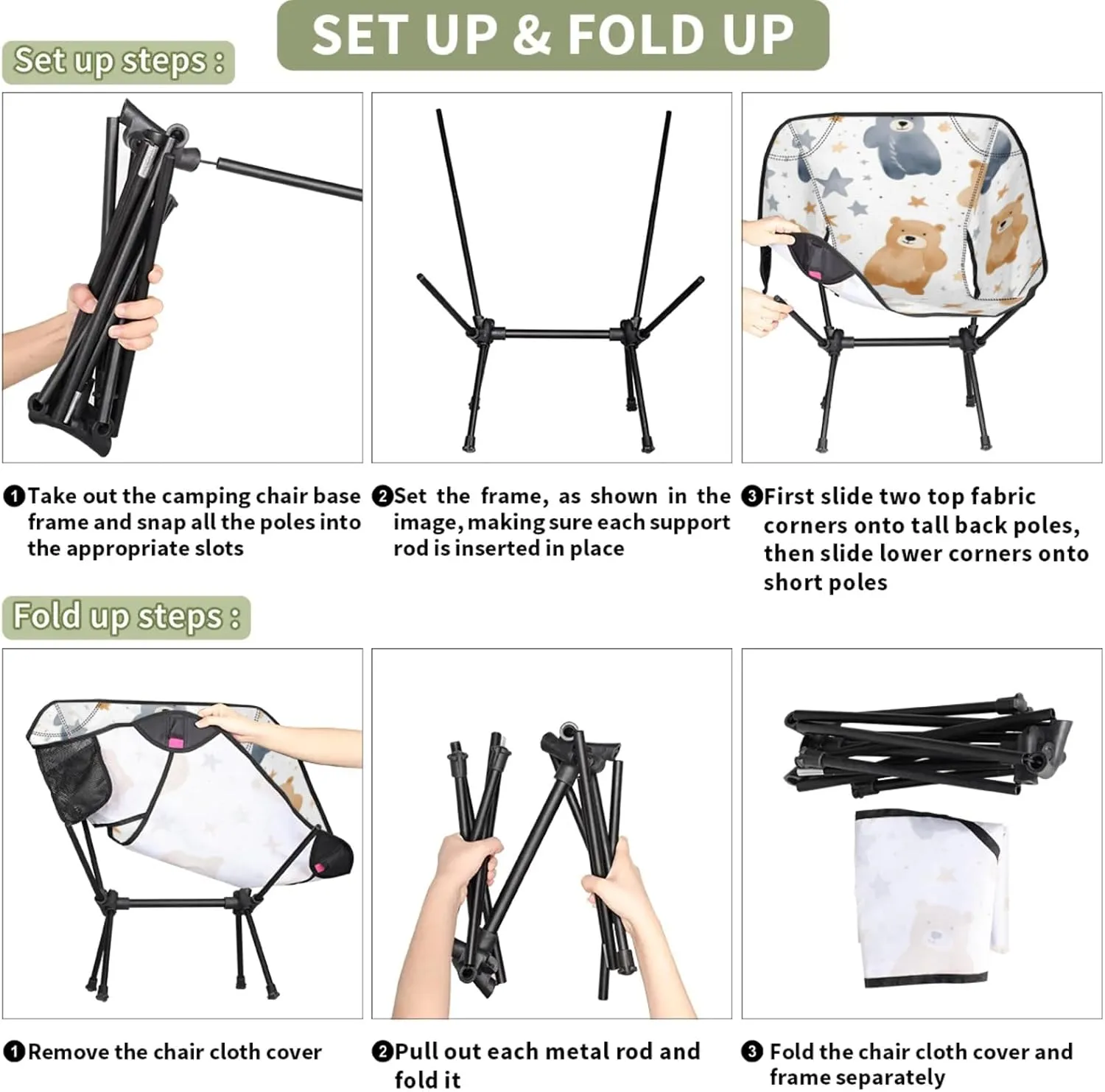 Honeybaby Folding Camping Chair Bears Stars Camping Chairs Lightweight Portable Chair Outdoor Foldable Chairs for Camping Travel Picnic Beach Hiking